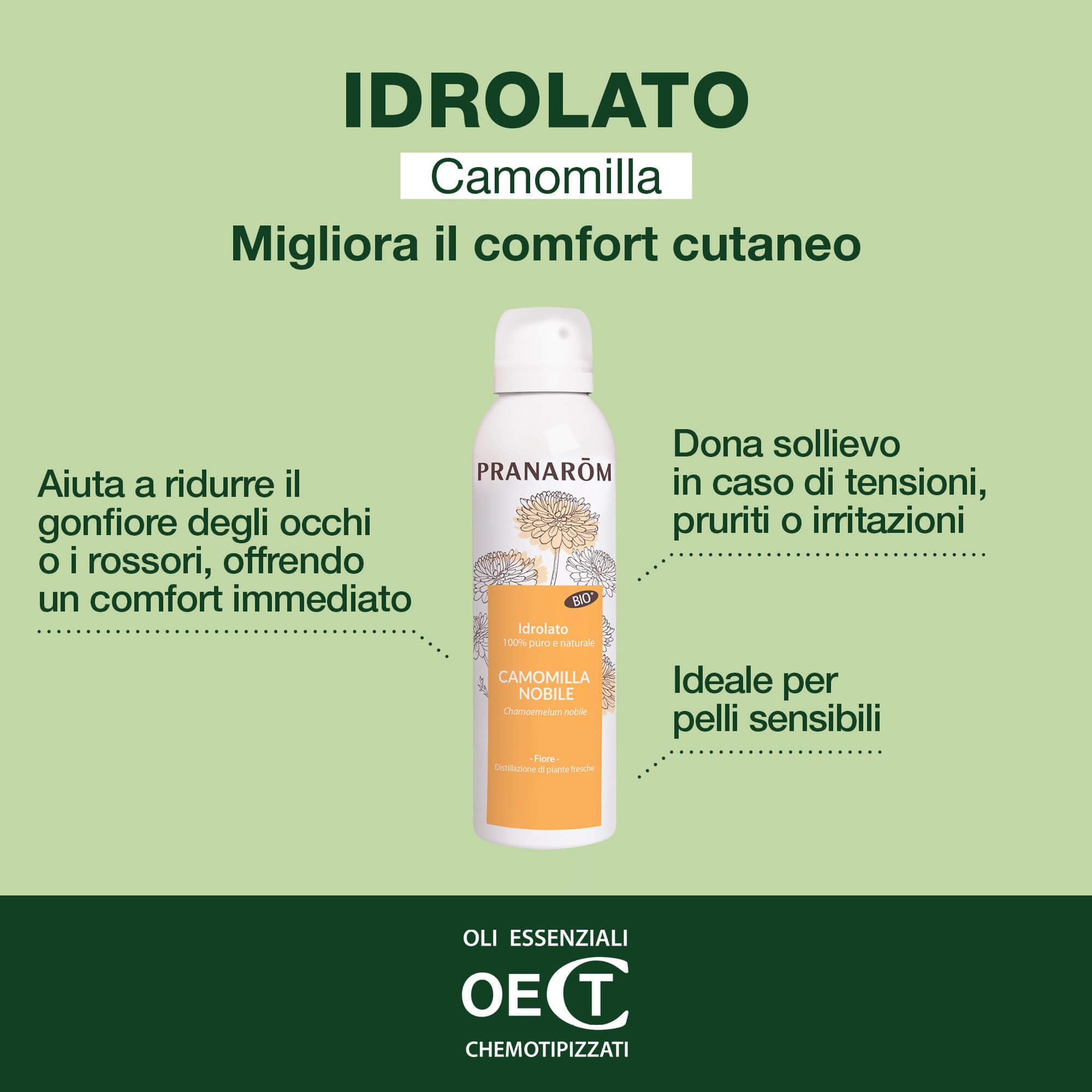 Pranarôm - Idrolato Camomilla Nobile Bio 150 ml, Lenisce Occhi Gonfi e Stanchi, Decongestiona, Ideale per Pelle Sensibile e Capelli Chiari, 100% Puro e Biologico, Senza Alcool e Conservanti