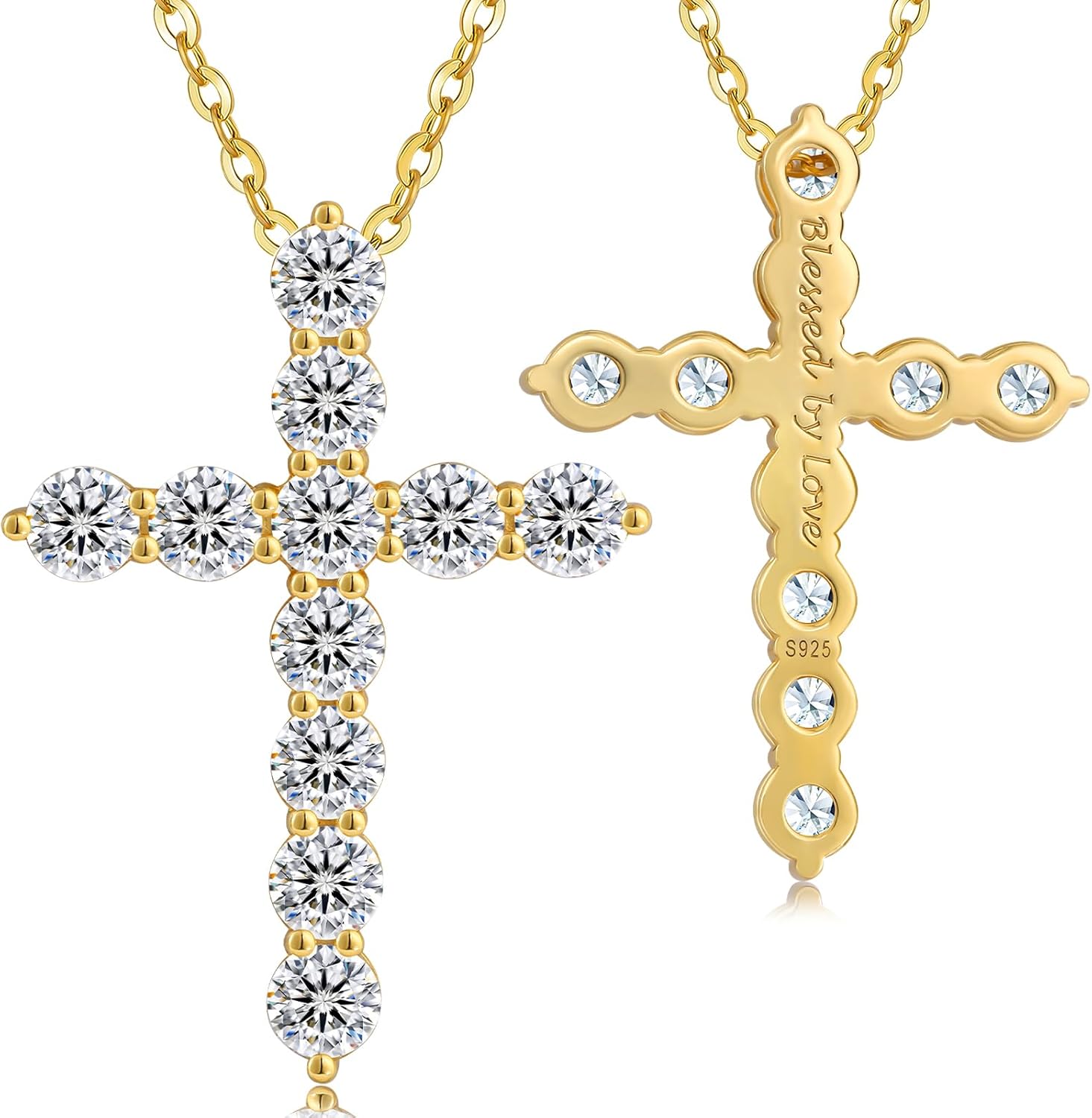 KRKC Moissanite Cross Necklace for Women, 0.66-3.3Ctw, D Color VVS1, 14K Gold Plated 925 Sterling Silver Chain, Hypoallergenic Cross Pendant, Religious Christmas Birthday Christian Gifts for Her