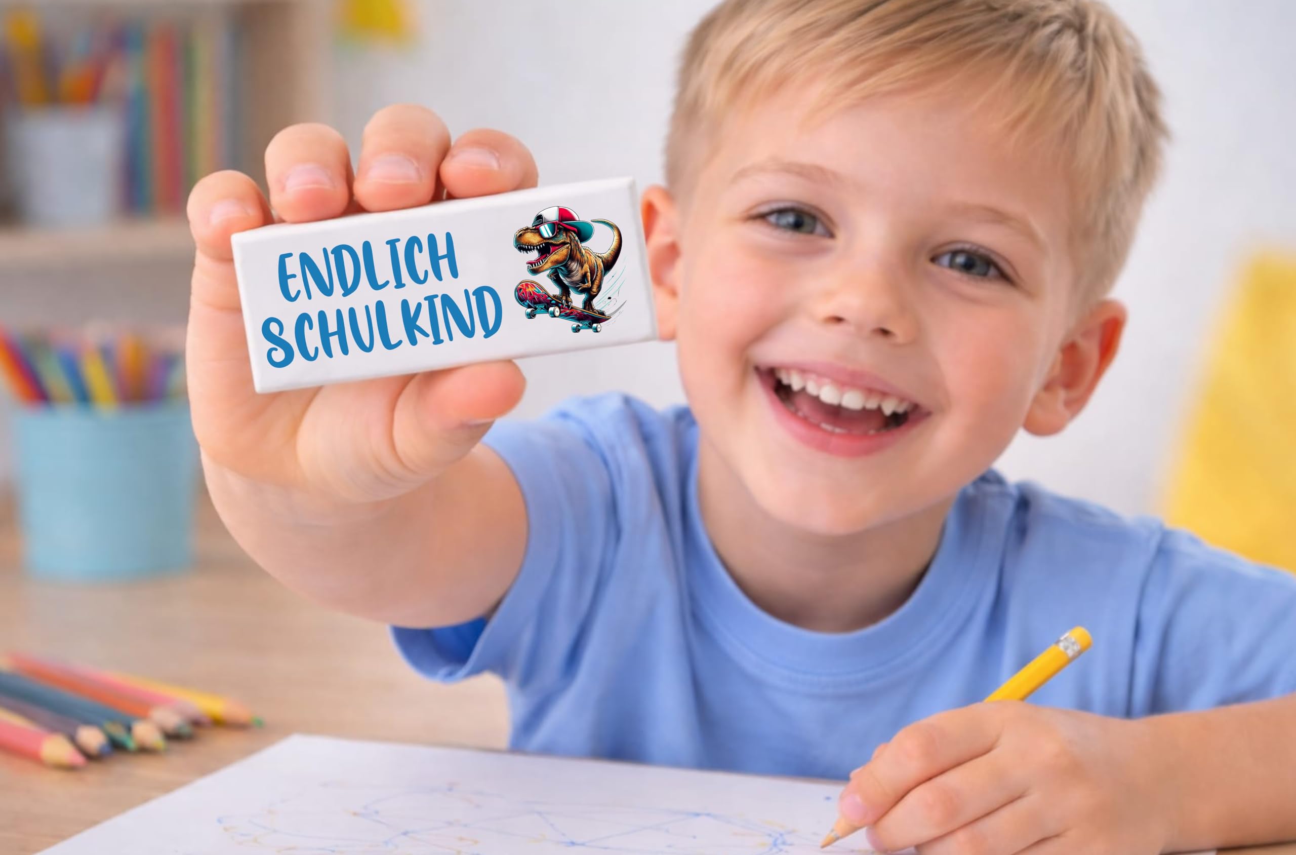 Generisch Einschulung Set Schulkind – Geschenk zur Einschulung für Jungen & Mädchen – Lineal, Radiergummi, Lesehilfe – 3 Größen (Mini, Standard, Premium) – Dino, Einhorn, Fußball (Dino, Premium Set)