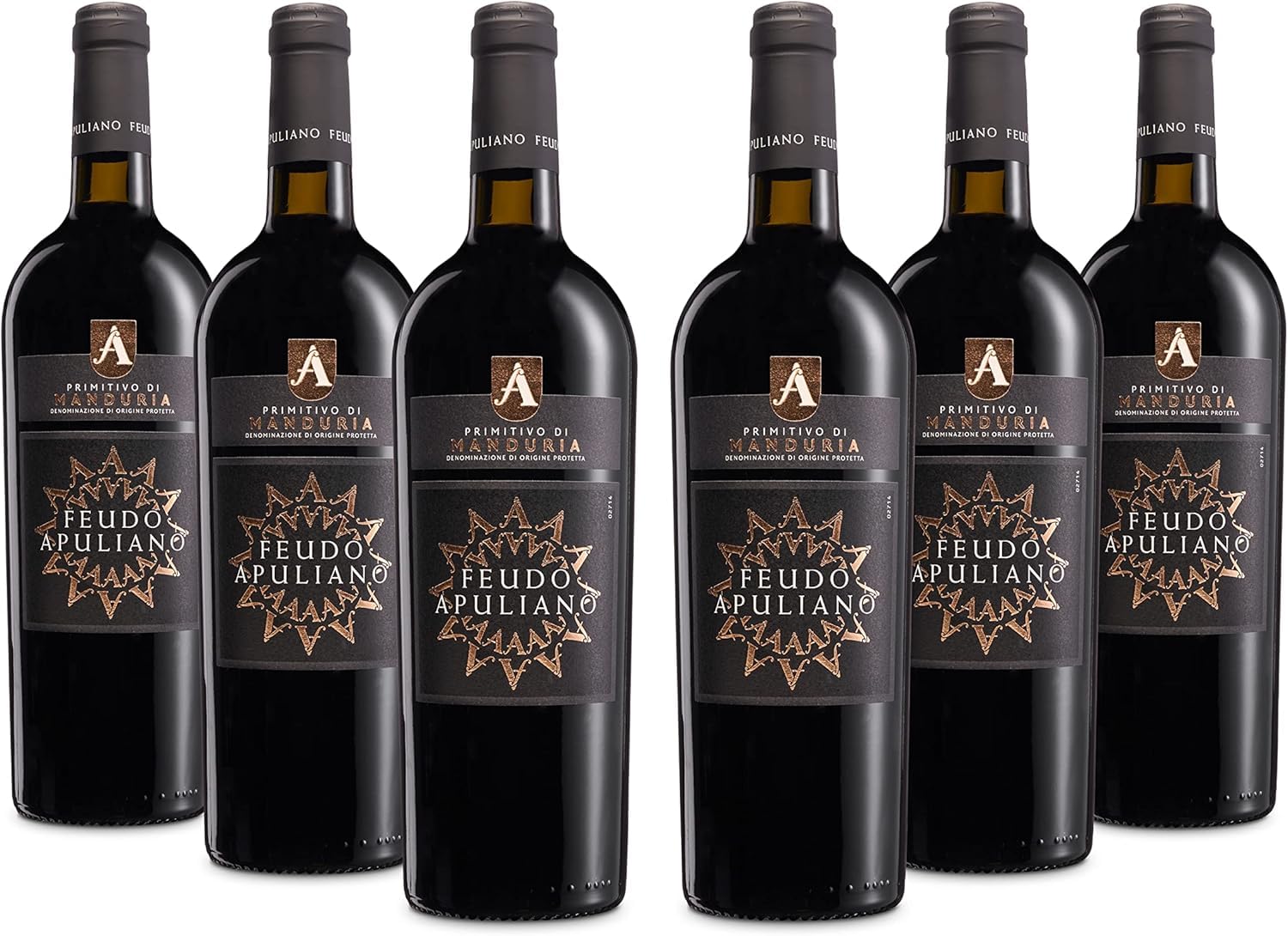 Feudo Apuliano Primitivo di Manduria DOP, Rotwein mit Vollmundigem Geschmack, Warm mit Umhüllendem Abgang, mit Noten Reifer Früchte, 15% Vol., Karton mit 6 Flaschen mit jeweils 750 ml