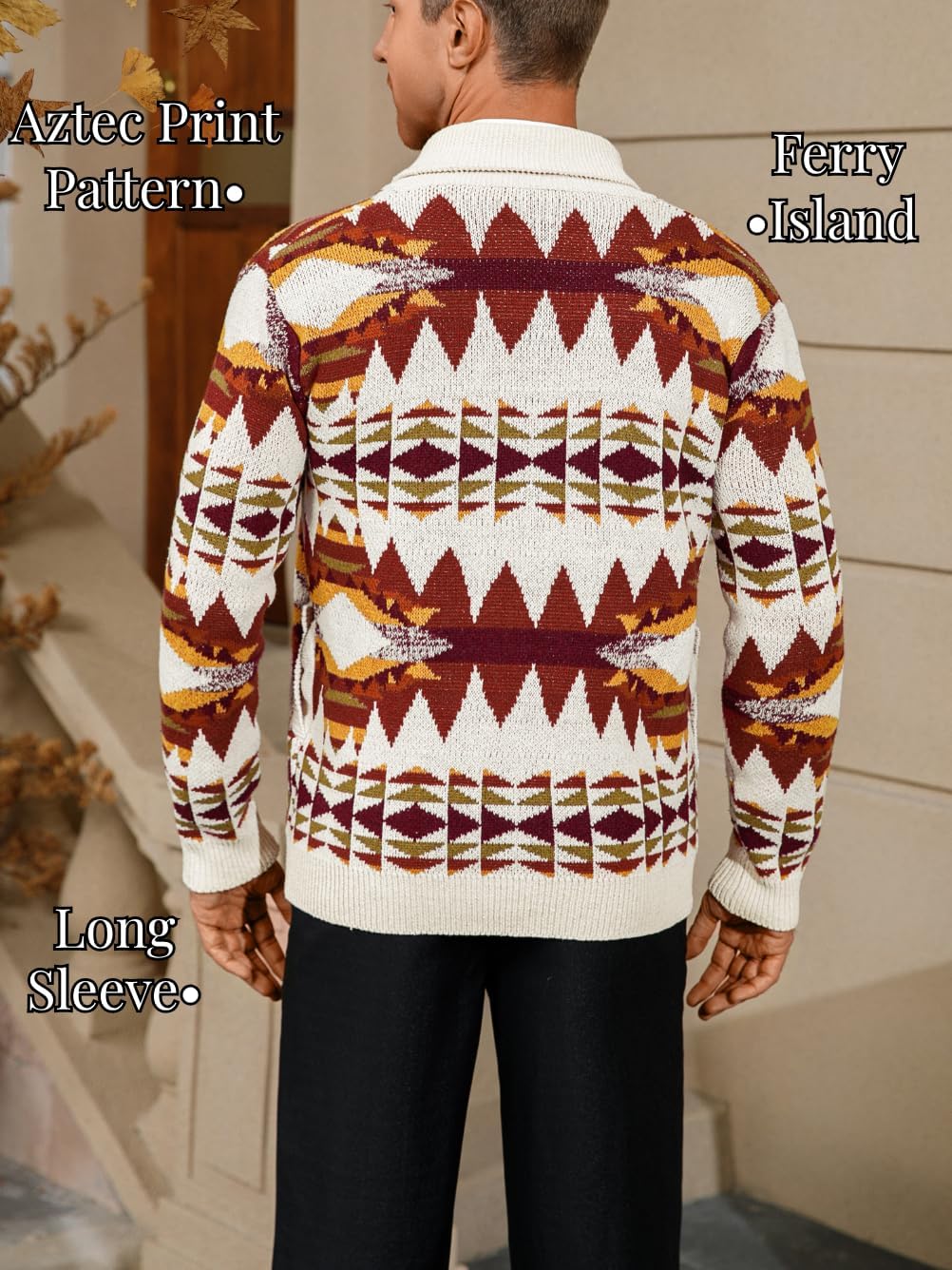 Men's Aztec Casual Cardigan with Pockets, Shawl Collar Button Down Crochet Western Sweater Coat Fits Chest 36-46 - Image 3