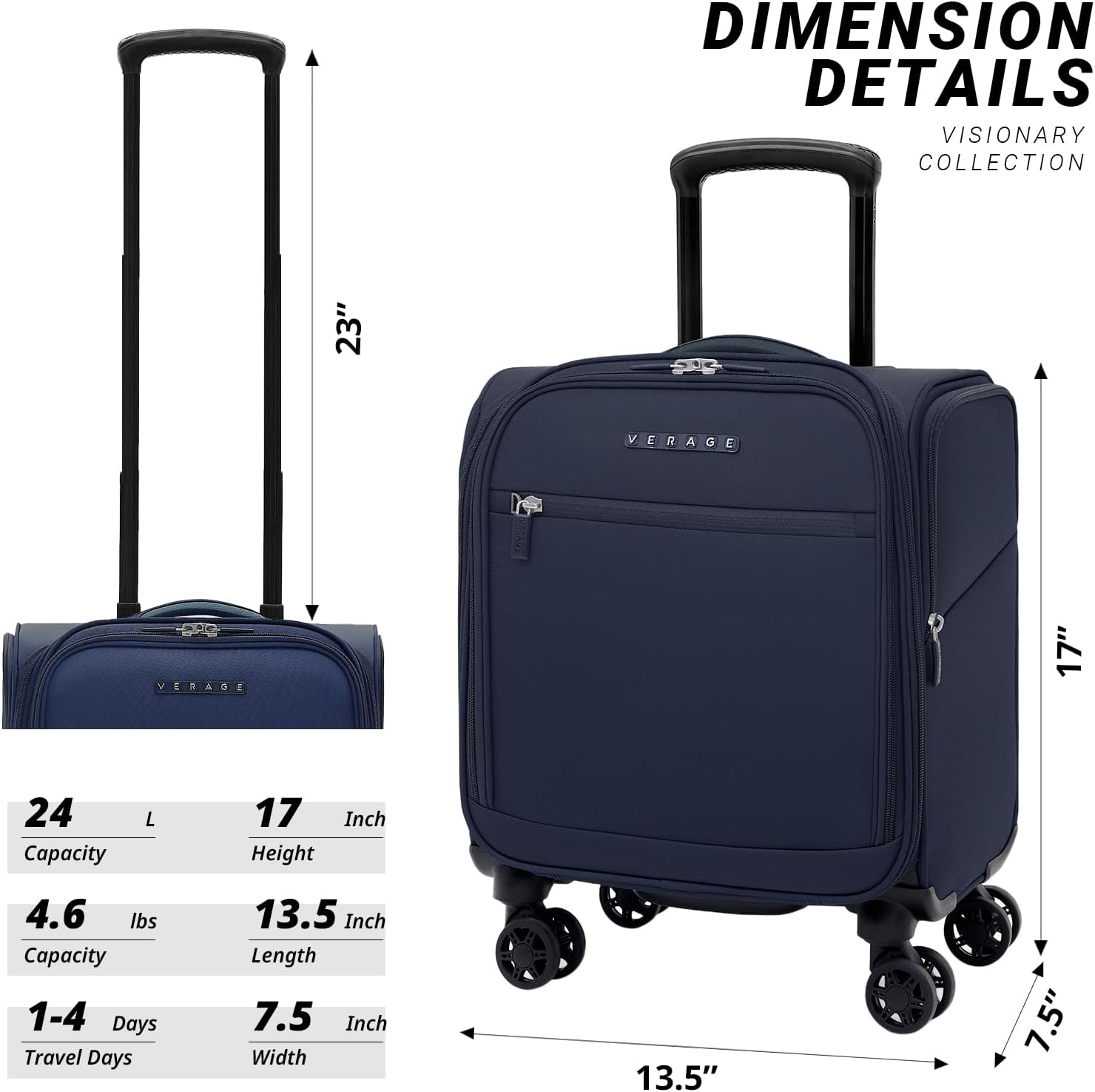 Verage Under Seat Luggage with Wheels, Softside Small Suitcase Spinner Carry On Luggage Bags for Airlines Airplanes Short Trip Men Women (Navy, 14-Inch Underseat) - Image 2