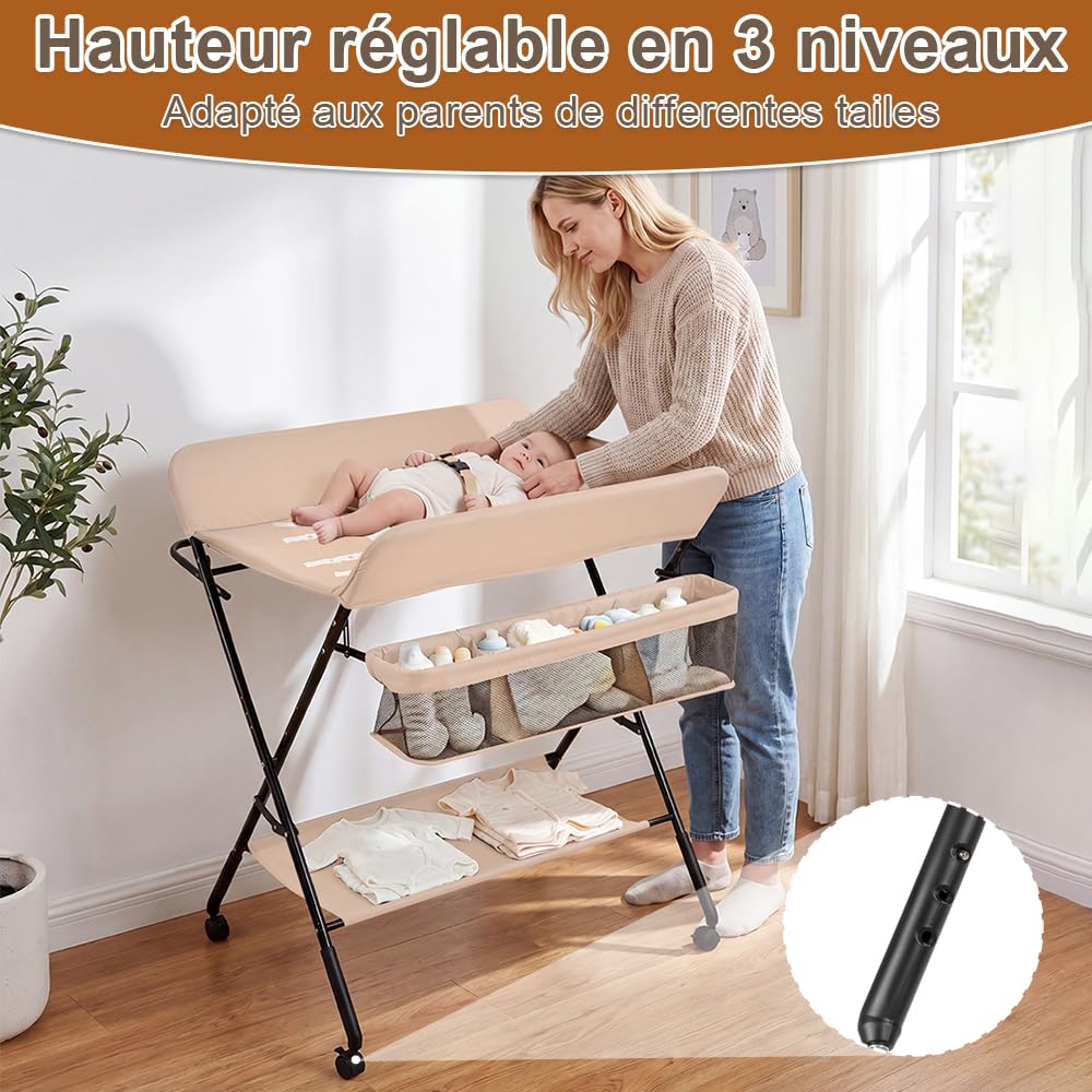 Table à Langer Pliable Bebe, Table a Langer Pliante avec Ceinture de Sécurité et Panier de Rangement, Hauteur Réglable en 3 Positions, Commode à Langer Portable, Charge 25KG(80 * 66 * 98cm, Abricot)