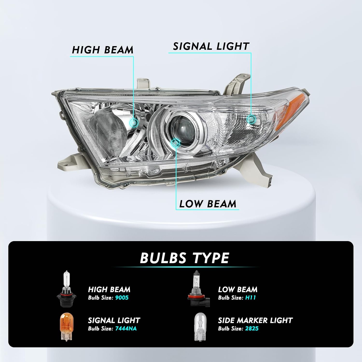 TUSDAR Headlight Assembly Compatible with 2011 2012 2013 Toyota Highlander Headlamps Driver and Passenger Side (Chrome Housing with Amber Reflector)
