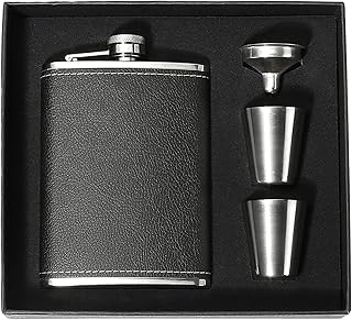 Hip Flask Gift Set for Men, 8oz Leak-proof Flask with 2 Cups and Funnel, Food-grade Stainless Steel Black Leather Pocket Flask, Gift Box Suitable for Whiskey, Wedding Party Groomsman Gift