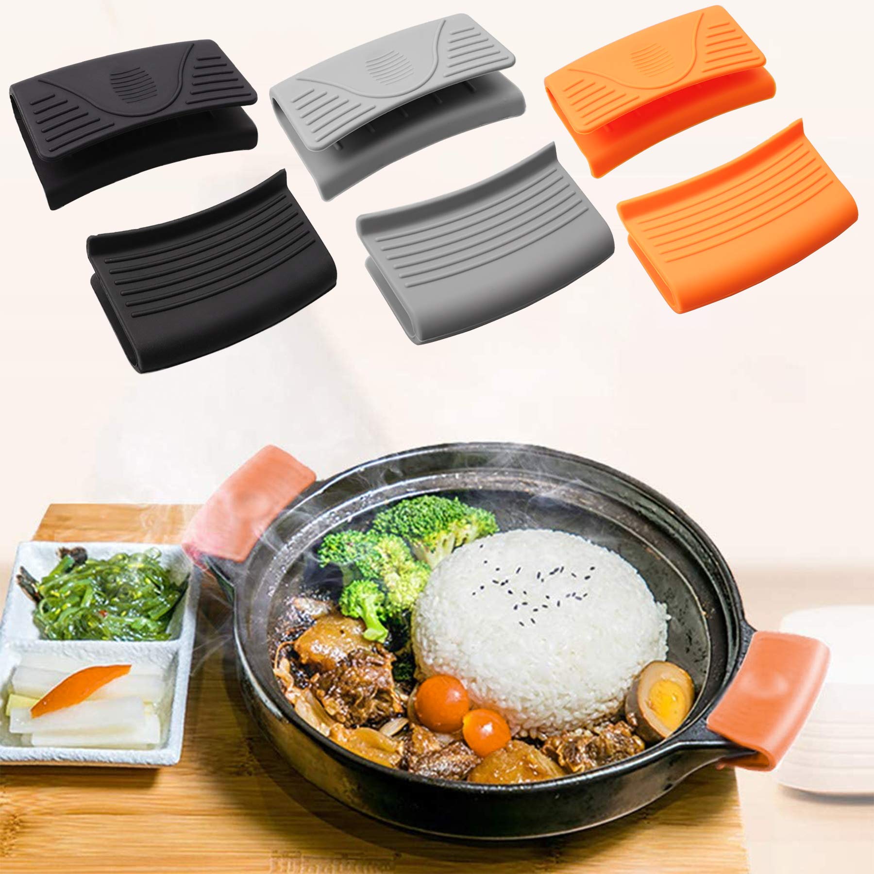 Lot de 6 supports de poignée en silicone épais pour cuisine - Résistant à la chaleur - Noir orange gris