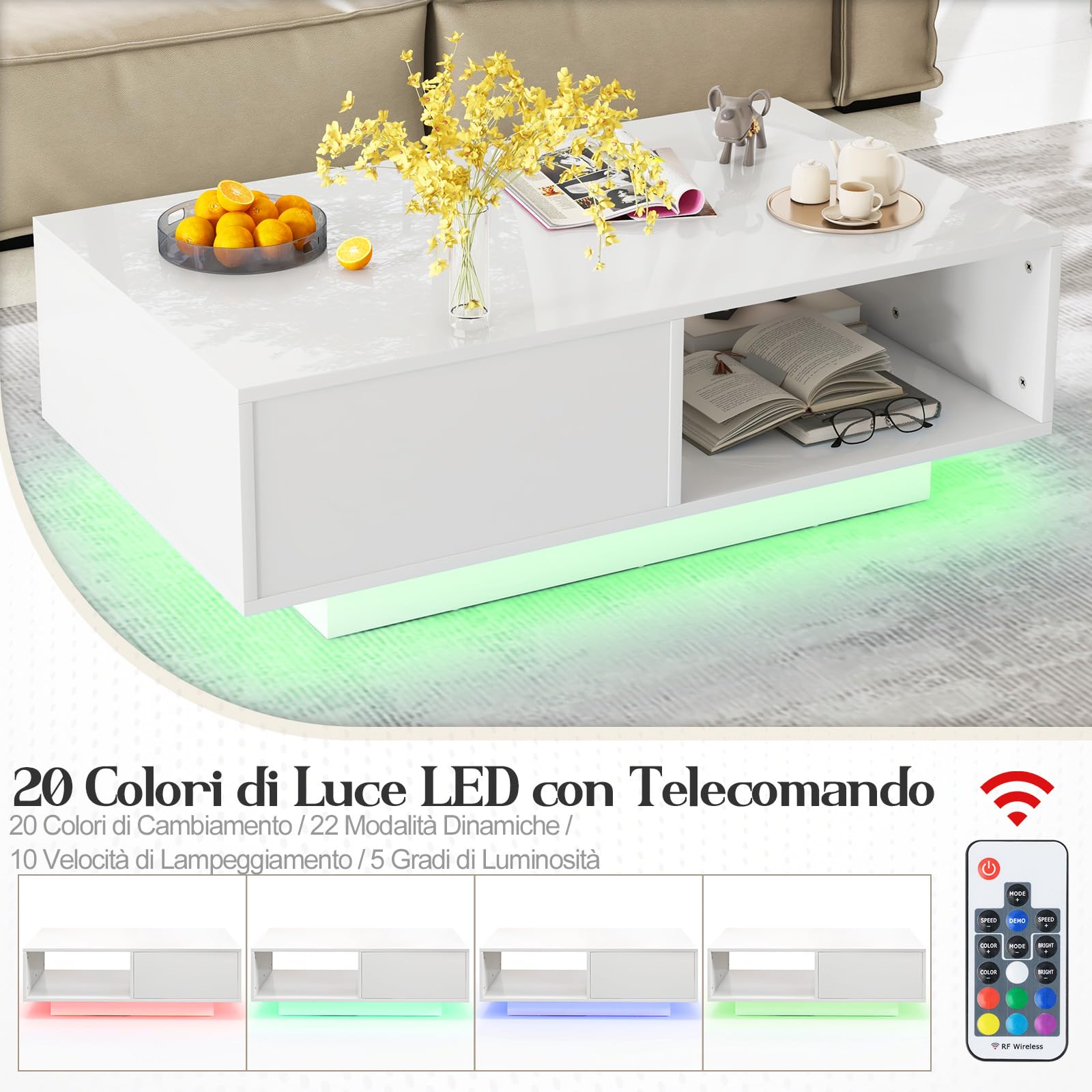 RELAX4LIFE Tavolino da Caffè Moderno 95x55x31cm, con 20 Luci LED Regolabili e Telecomando, in Legno con Finitura Lucida, Cassetto a Pressione e Ripiano Aperto, per Soggiorno, Max 65kg (Bianco)