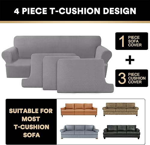 Miniatura 3 de PrinceDeco Funda de sofá con cojín en forma de T, 4 piezas, fundas de sofá suaves para sofá, fundas de muebles con 3 fundas individuales en forma de