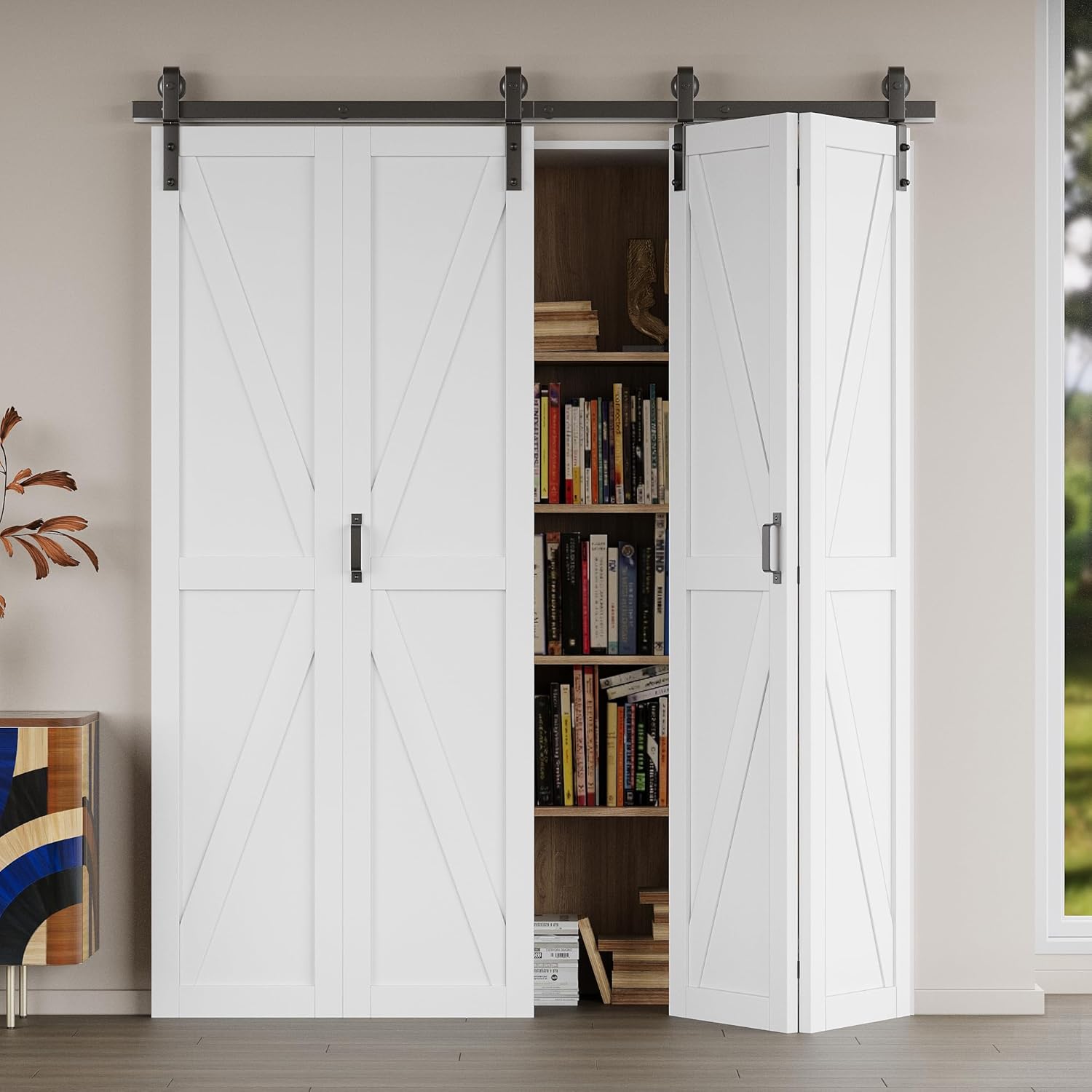 Paintable Bifold Barn Door with Hardware Kit Included, Pre-Assembled Panels Bi Fold Barn Door with Effective Sound Insulation, Water-Resistant Solid Core, White Primed Finish, 50" x 84"