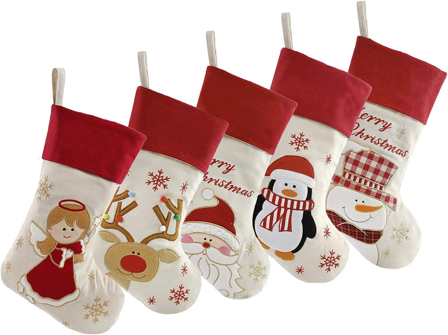 DearSun Set of 5pcs, 18" Christmas Stockings with Lovely Christmas Angel Reindeer Santa Penguin Snowman Designs Linen Stockings for Holiday Family Decor (5pcs Christmas Character)