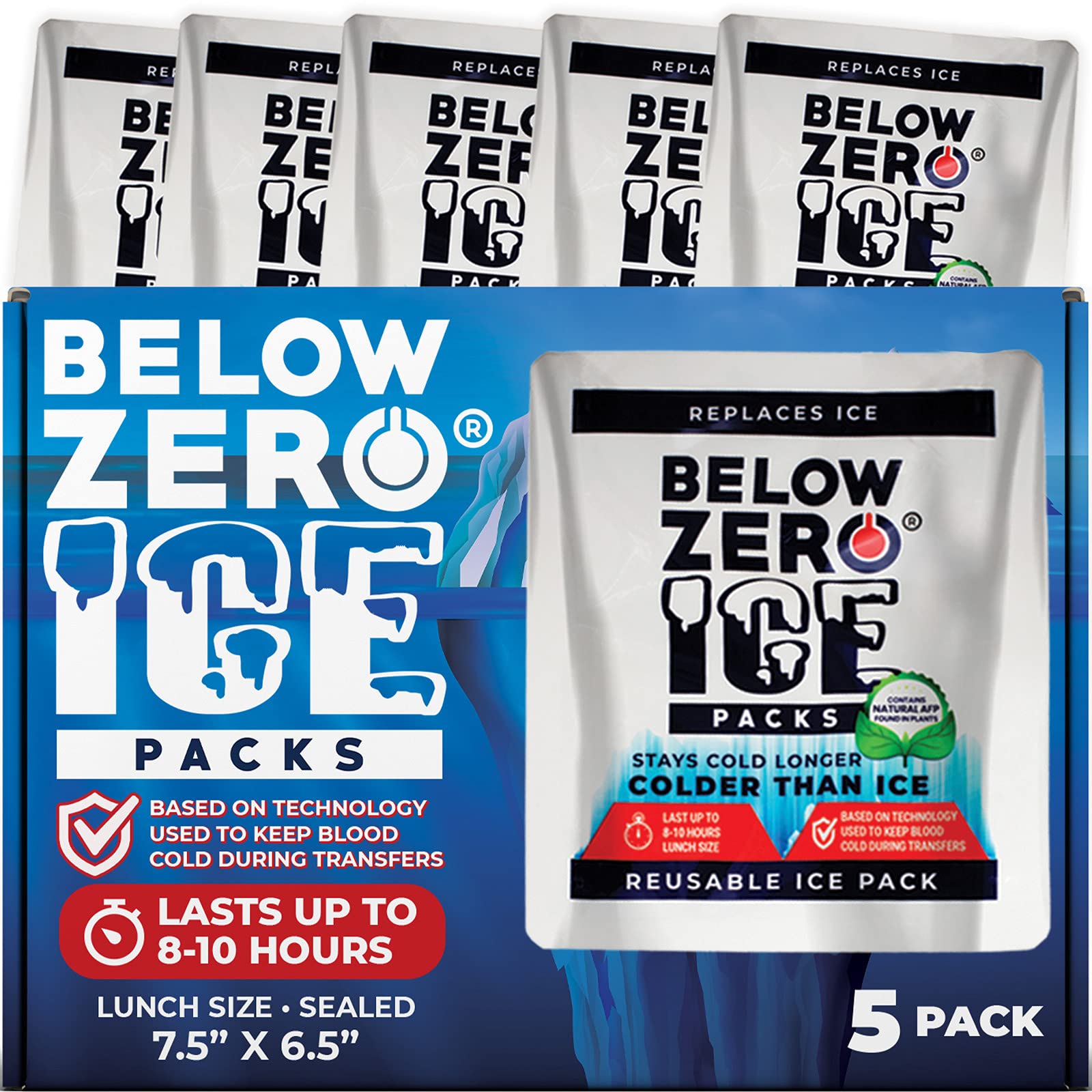 BELOW ZERO Reusable Ice Packs for Lunch Box, Freezer Cooler Bags and Camping – Colder and Longer Lasting Technology, 8+ Hour Cooling Ice Gel Pack - Size 7.5"x6.5" (Pre Filled/Sealed 5 Pack)