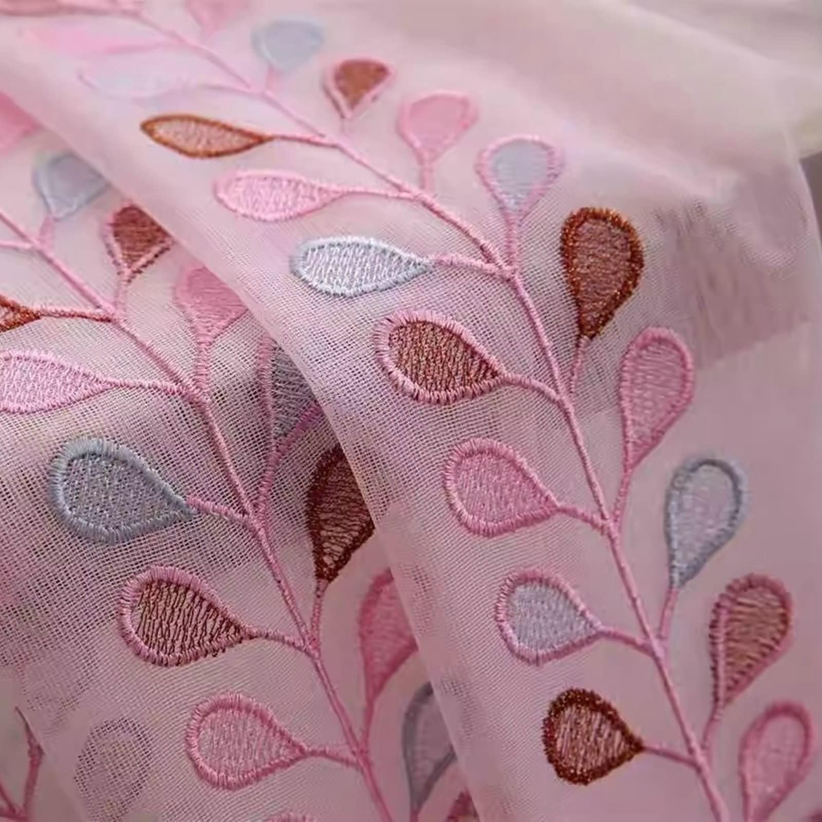KnSam Rideaux Voilage Rose, 2 Pièces, Rideau Chambre Motif Feuilles Brodées à Crochets, 132x229cm x 1pcs