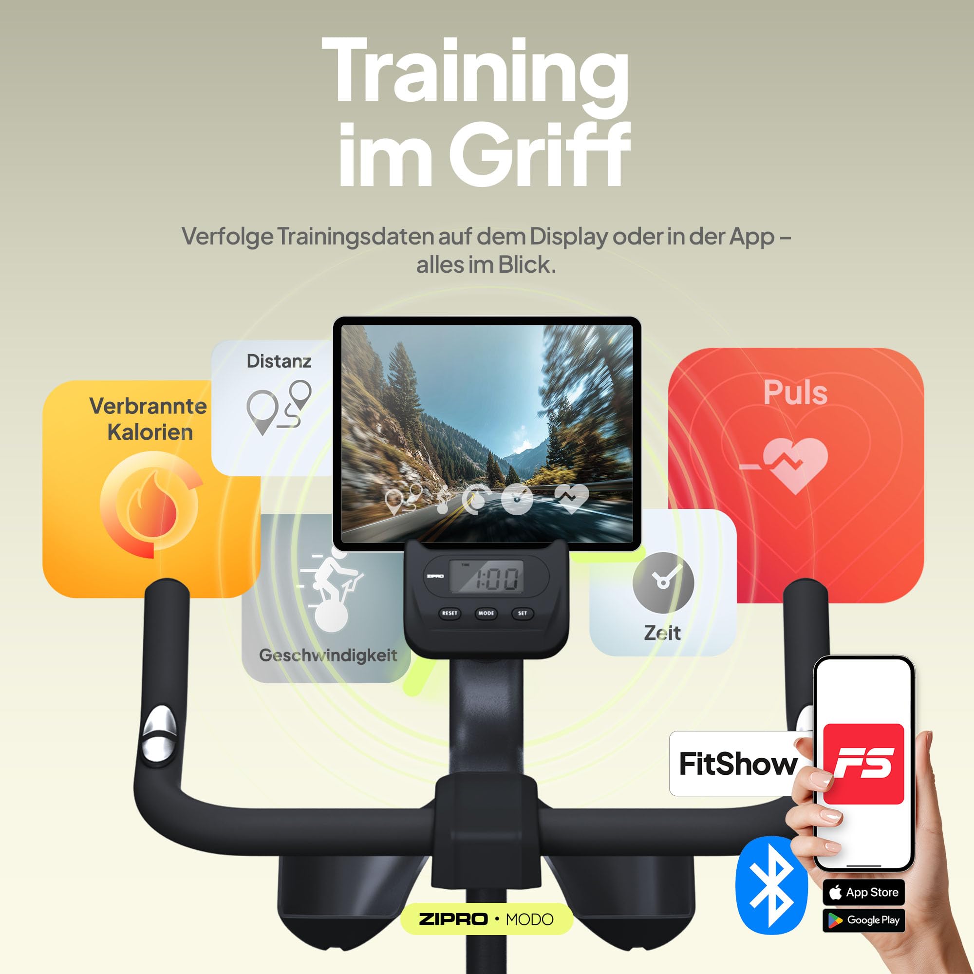 ZIPRO Heimtrainer Fahrrad Hometrainer Ergometer Bike Indoor Exercise für Zuhause Cardio Fitnessgerät Stationary 120 kg Belastbar mit App Zimmerfahrrad Fahrradtrainer Bildschirm – MODO