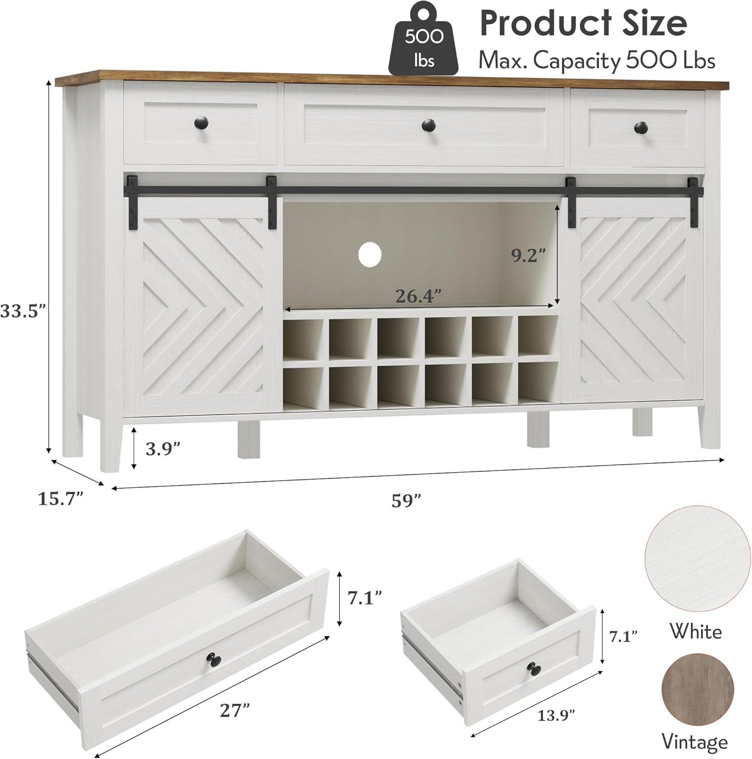 IDEALHOUSE 59'' Farmhouse Buffet Cabinet with Sliding Barn Door, 33.4'' Tall Wood Rustic Sideboard with 3 Drawer, Adjustable Shelf and Removable Wine Rack for Dining Room, Kitchen, White