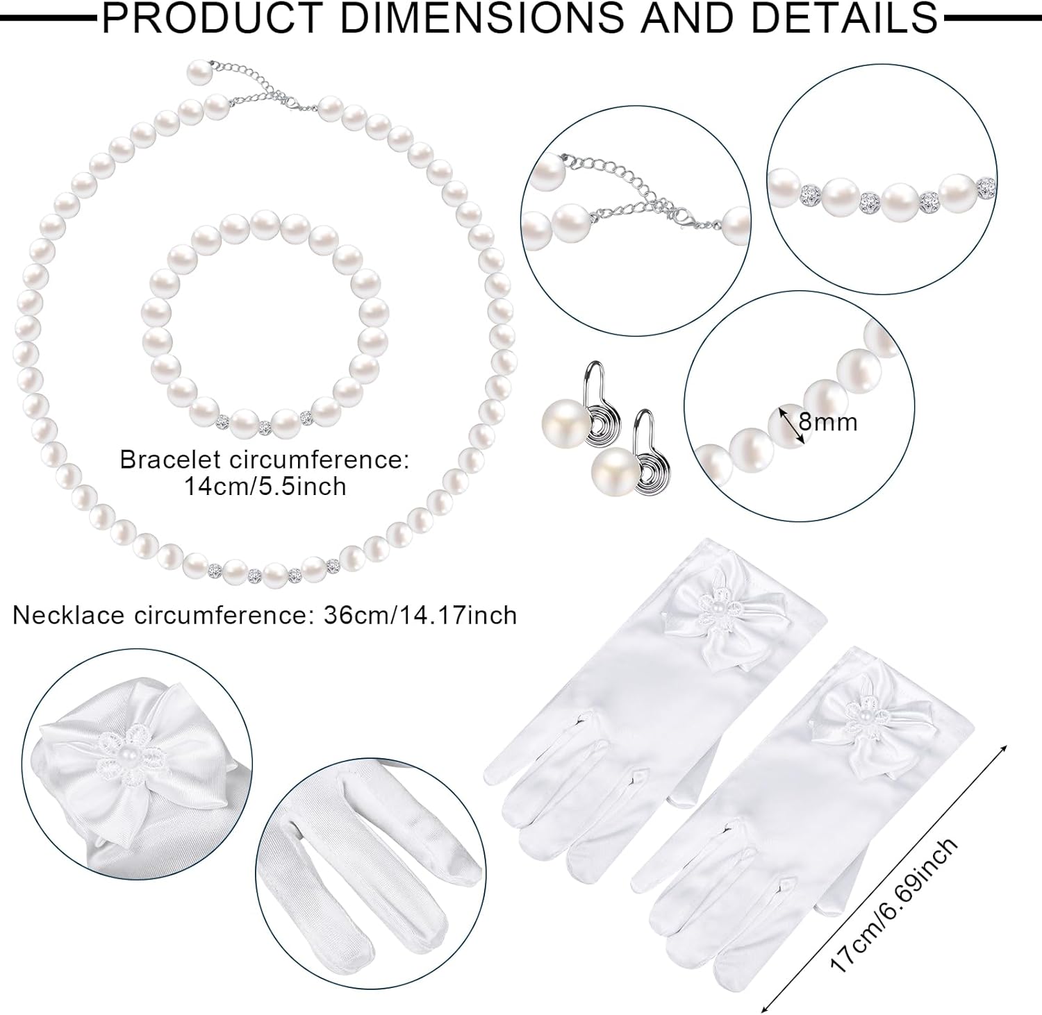 Junkin 5 Pcs Girls Tea Party Hats Gloves Pearl Necklace Bracelet Earring Fascinator Set Christmas Party Cosplay Accessories - Image 3