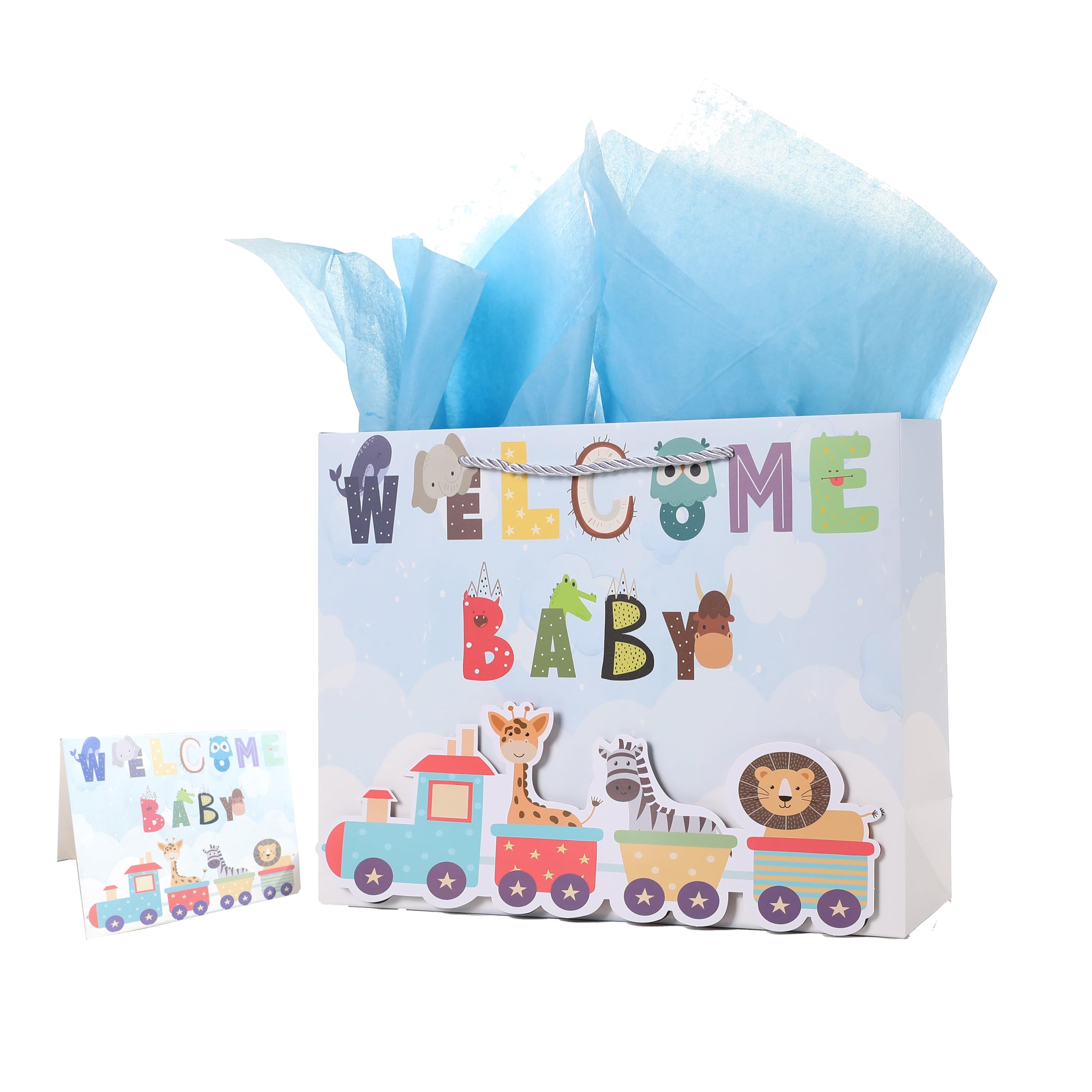 VGOODALL Geschenktüte Für Babys – 33 Cm, Blau, Mit Seidenpapier, Bandgriffen & Grußkarte – Für Babyparty, Neugeborenes