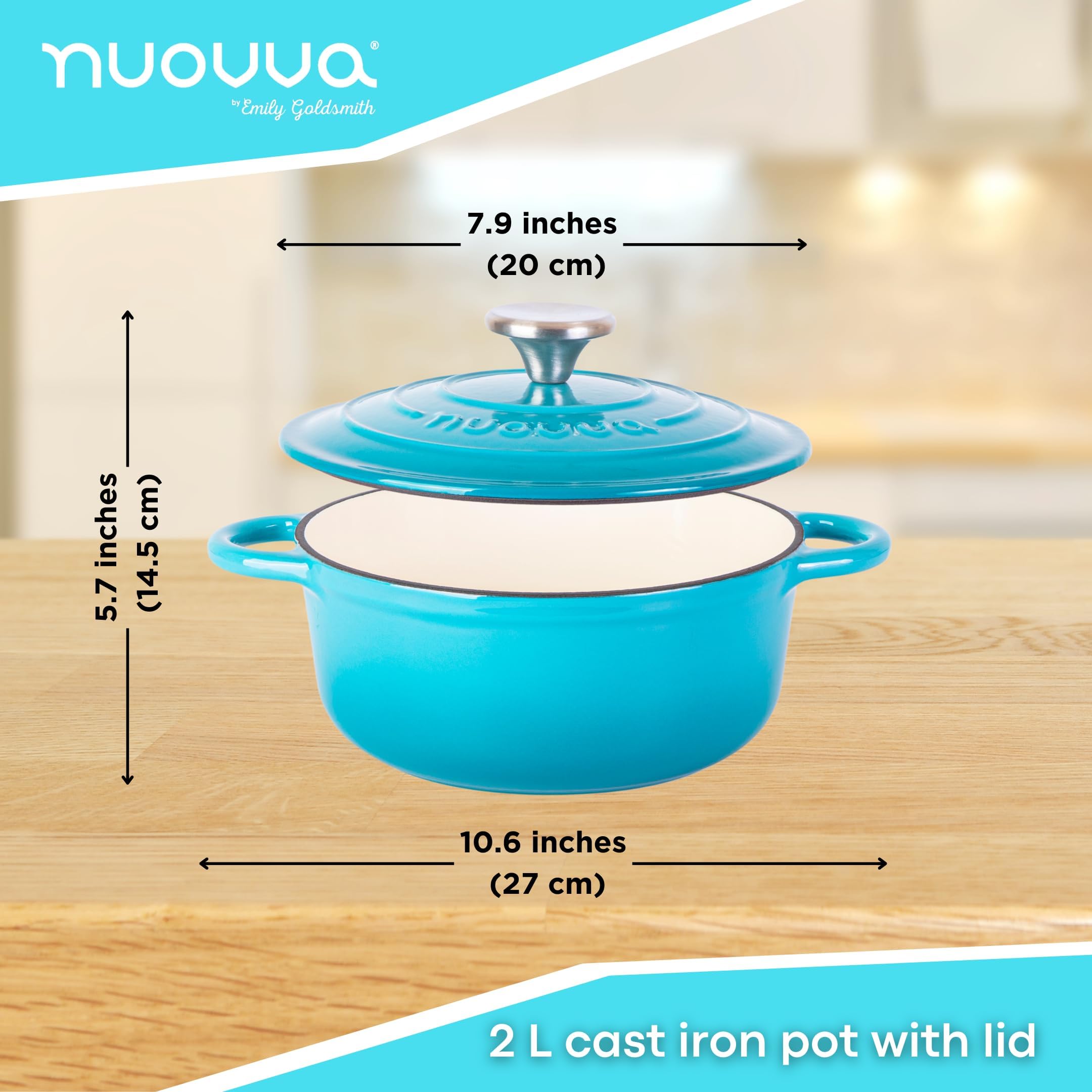 nuovva Cast Iron Dutch Oven with Lid – Non-Stick Ovenproof Enamelled Casserole Pot – Sturdy Dutch Oven Cookware – Blue, 2.1-Quart, 20cm –