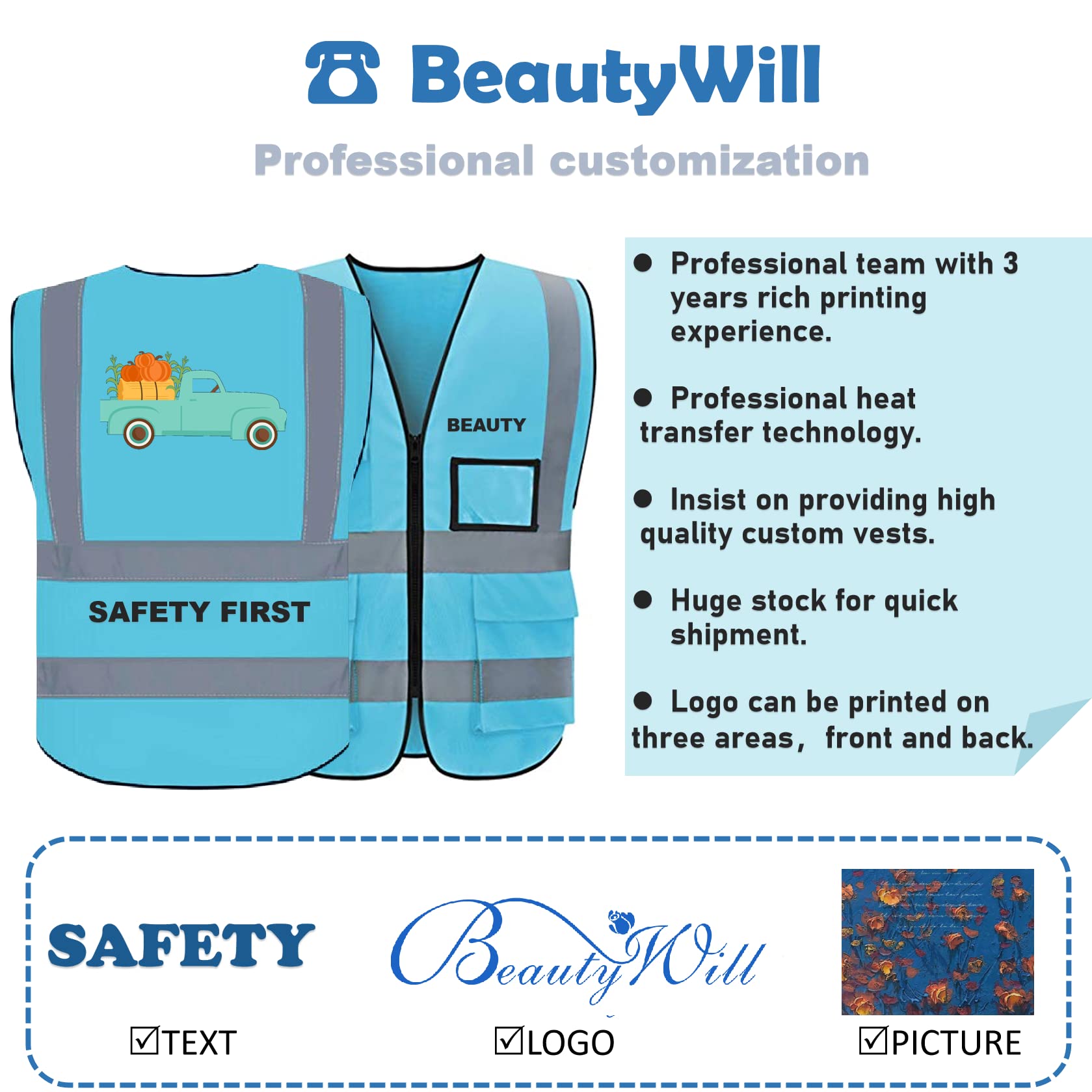 Custom Logo 10 Pack Safety Vest Class 2 High Visibility Vest with Pockets Breathable Construction Vest Blue Bulk