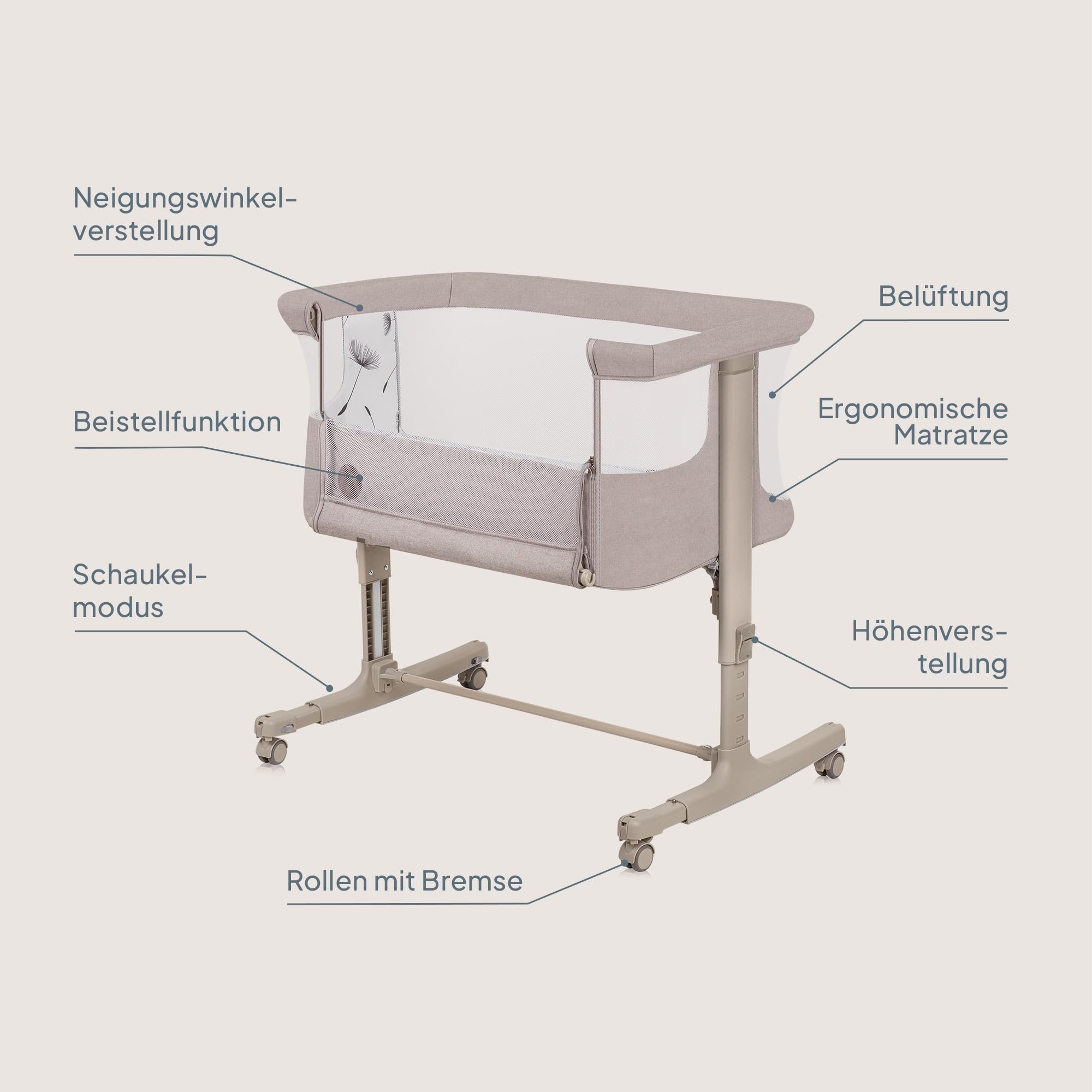 Lionelo Aurora 3 in 1 Babybett bis 9 kg, Beistellbett, Wiege, Höhenverstellug und Einstellung der Neigung der Matratze, 4 Räder mit Bremse Ergonomische Matratze Tasche