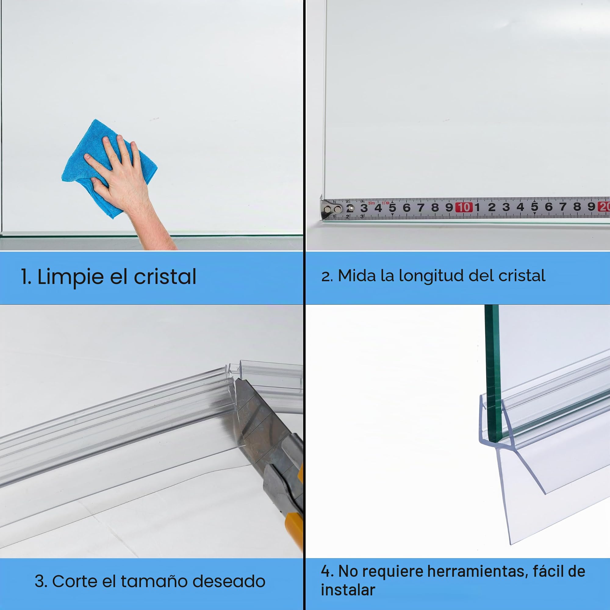 Junta de ducha curvada 2 x 40 cm para puertas de cristal de 4-6 mm, con labio de goma más largo (labios de 20 mm), situaciones con mayor distancia al suelo, junta de repuesto de PVC precurvada
