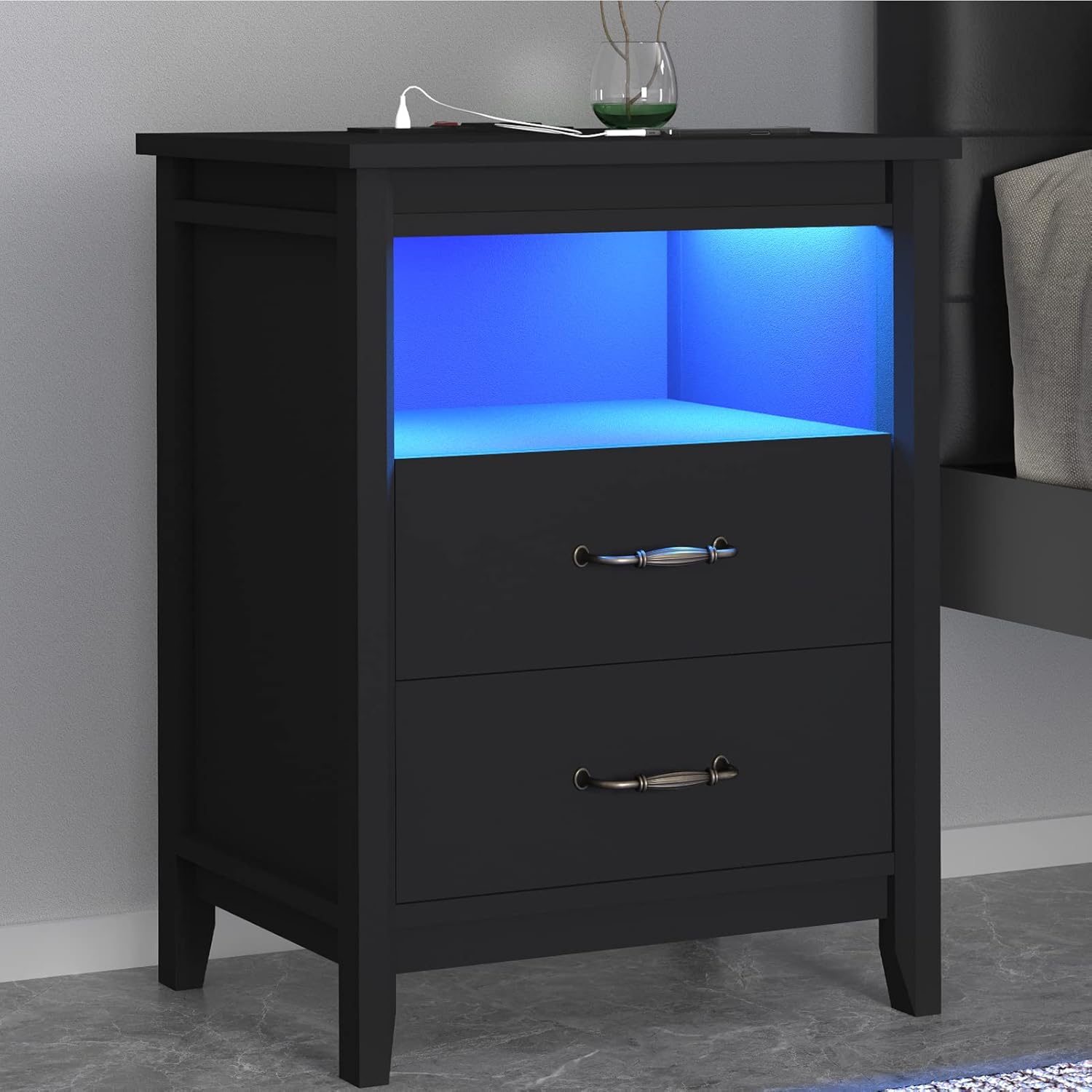 IKENO Nightstand with LED Lights and Charging Station, 2