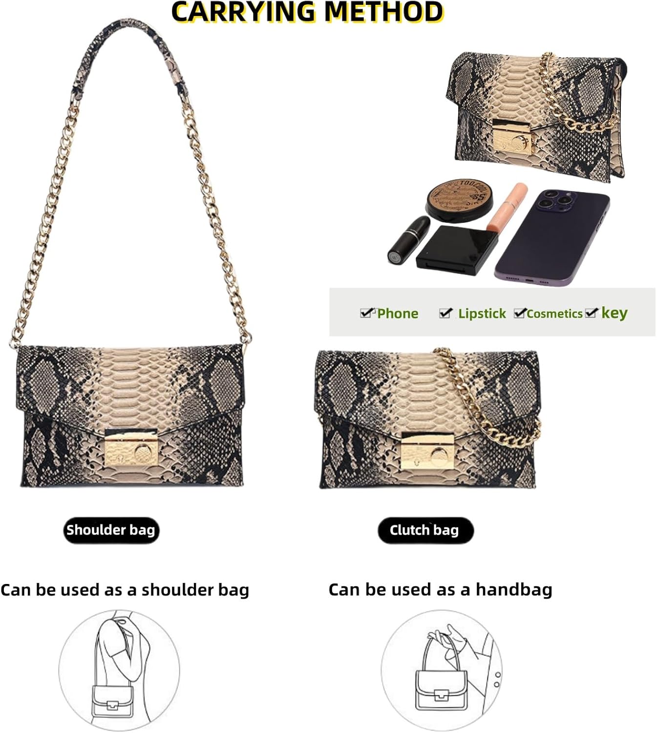 Women's Retro Chain Shoulder bag Snake Print Purse, Leather Crossbody Bag Handbag Evening Bag,Envelope Clutch - Image 4