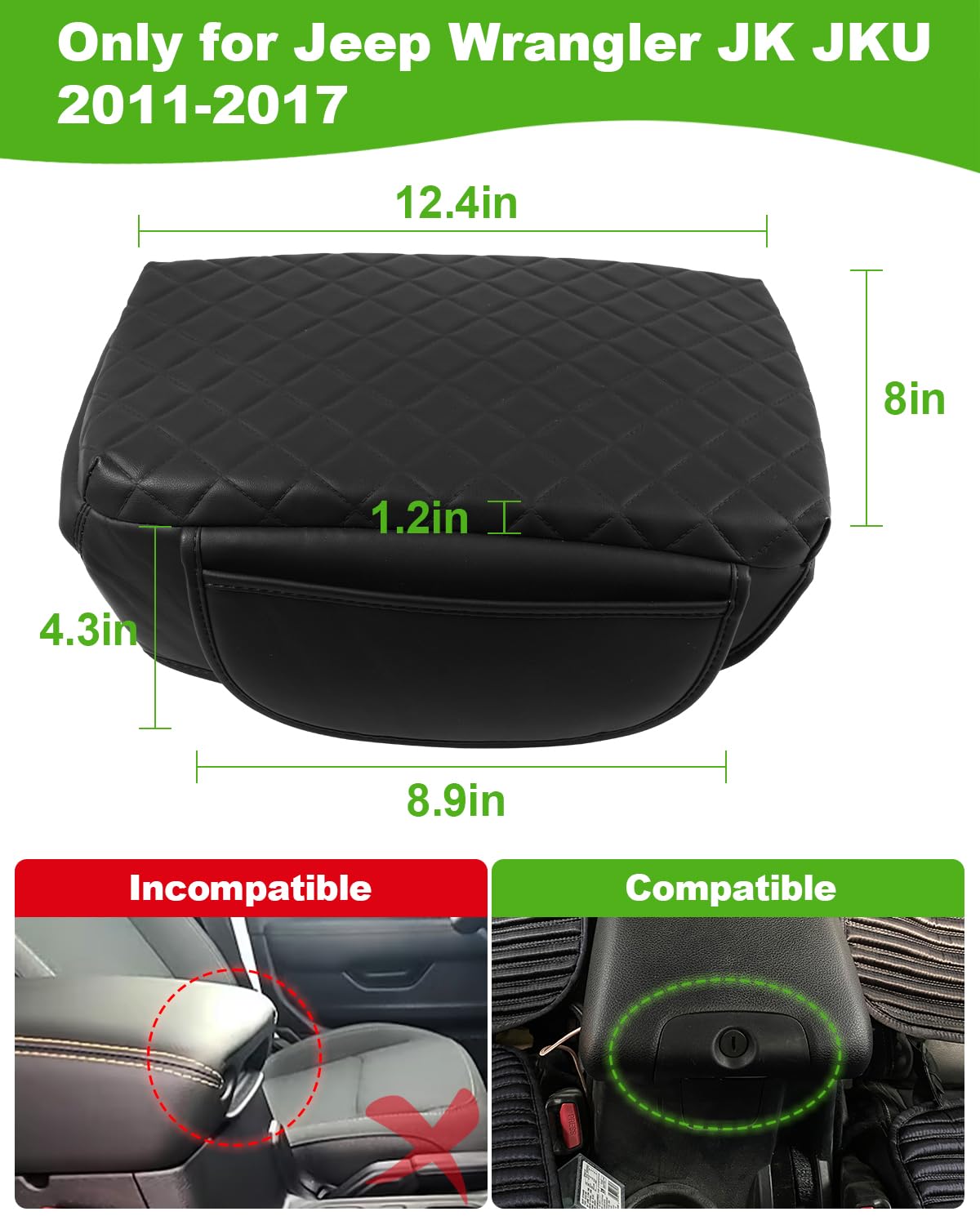 Für Jeep Wrangler JK JKU 2011–2017 Mittelkonsole Abdeckung Armlehne Abdeckung Jeep Zubehör Armlehne Pad Konsole Kissen Deckel Schwarz Leder mit Taschen