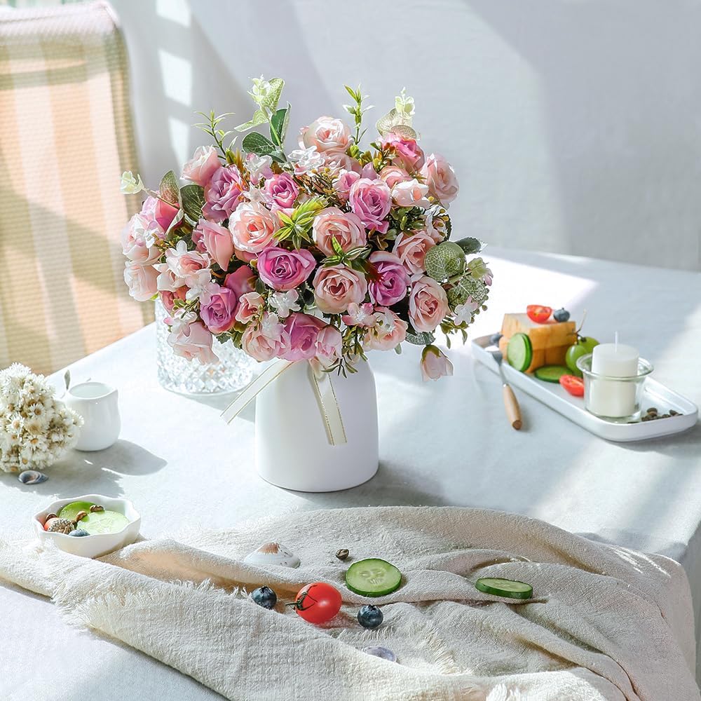 LESING Artificial Silk Rose with Vase Fake Flowers Wedding Flowers Bouquets Arrangement Home Office Party Centerpiece Table Decoration (Pink) - Image 6