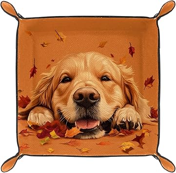 Dice Trays Map Leaf Golden Retriever Holder Storage Box for Dice Games Like RPG DND, Microfiber Leather Dice Holder Portable Folding Rolling Dice Tray, 20.5x20.5cm