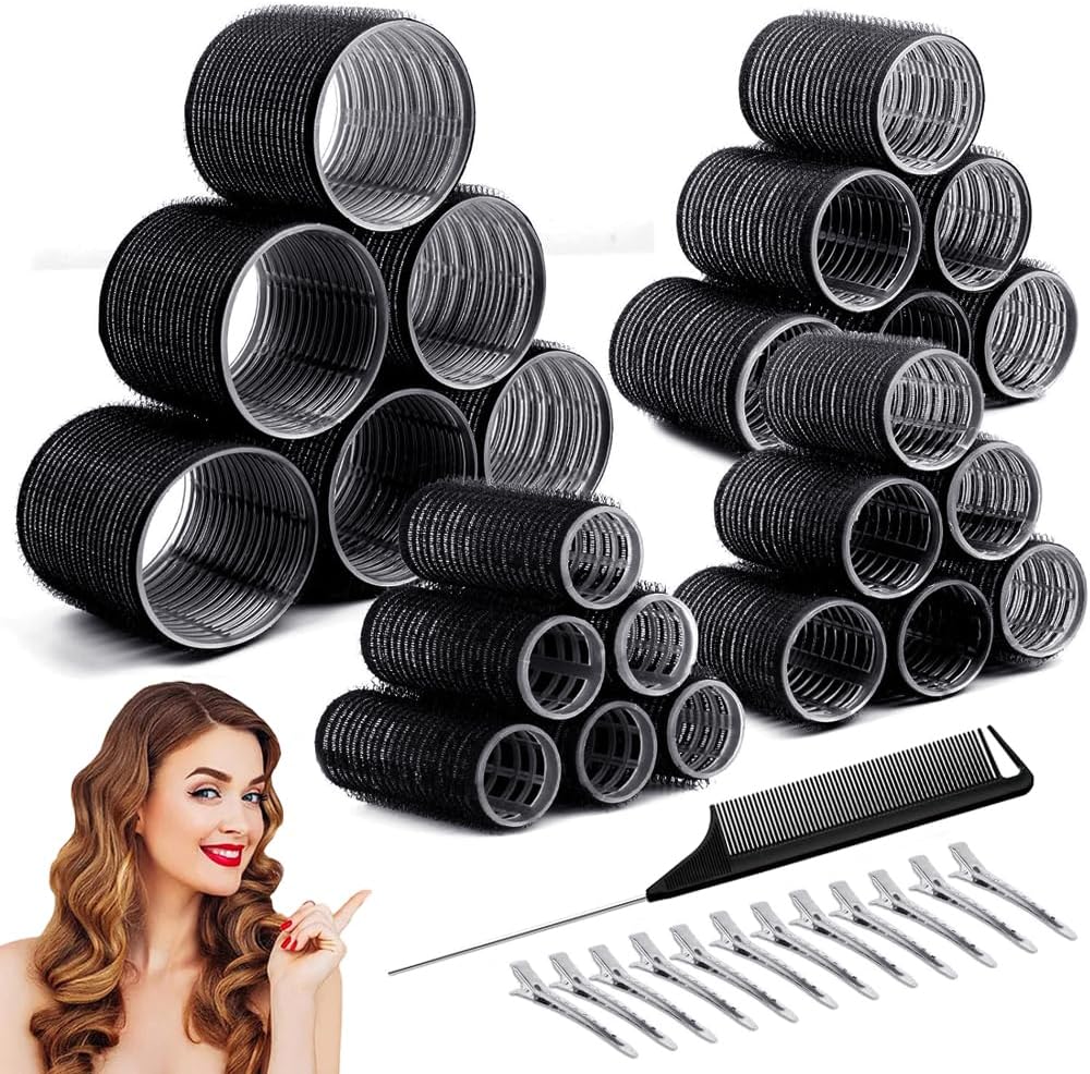 Yontree37 PCS Self Grip Hair Rollers Set, 60mm/48mm/36mm/25mm Salon Hairdressing Curlers Self Holding Rollers with 12 PCS Duck Teeth Bows Hair Sectioning Clips (Black)