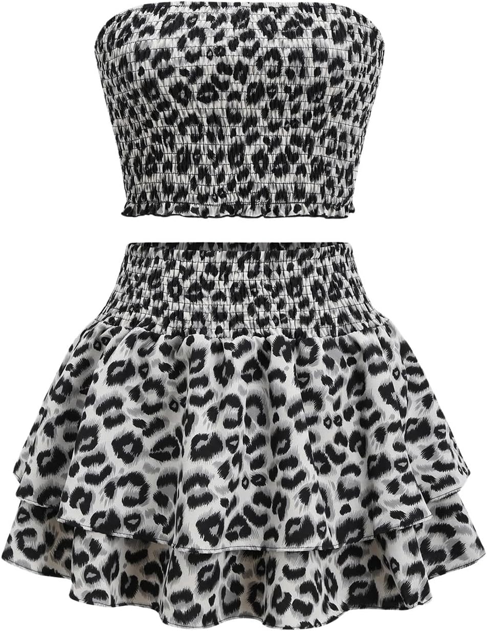 GORGLITTER Women's Sexy Going Out Outfits Cheetah Leopard Print Tube Tops Y2k Animal Western Mini Skirt Set
