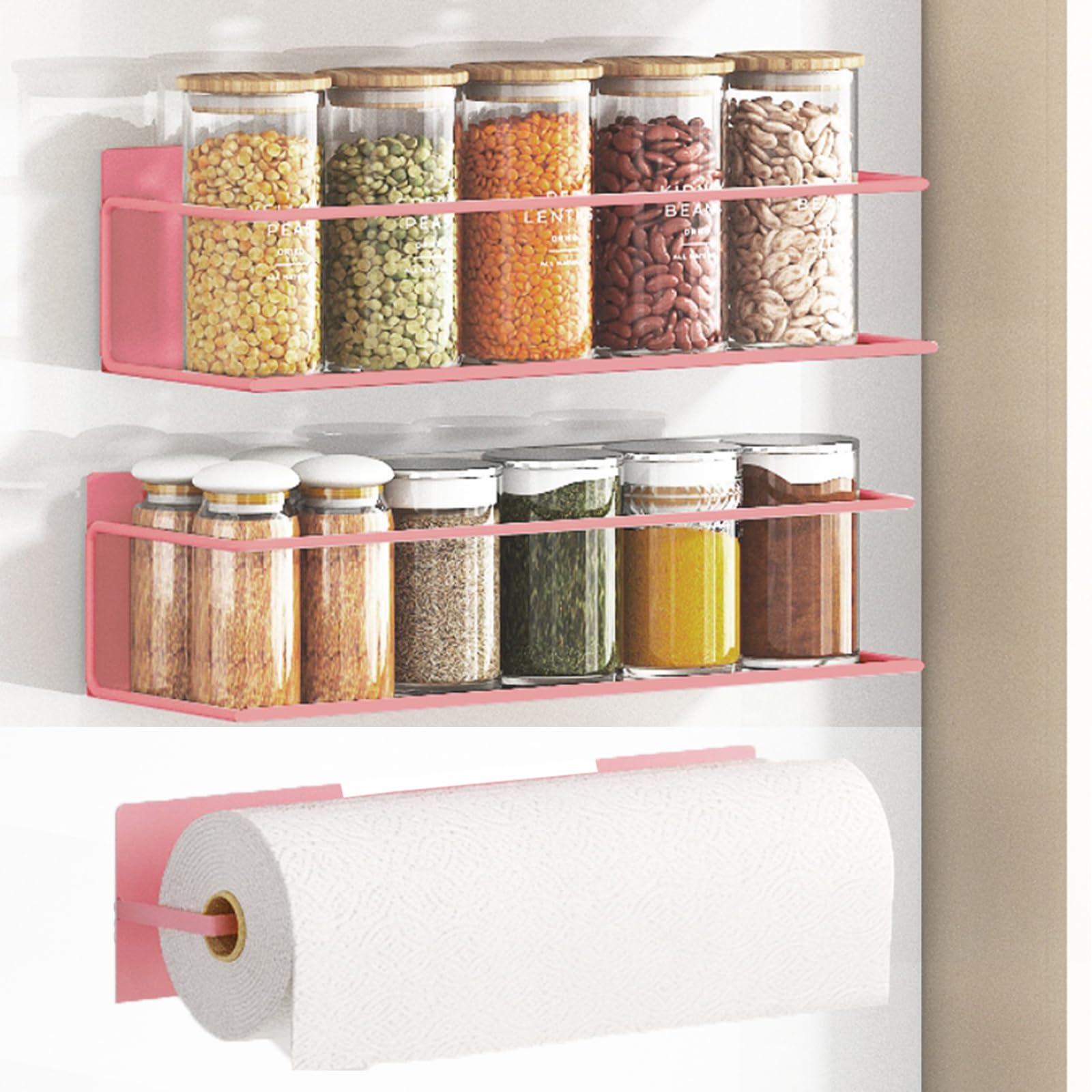 Magnetic Spice Rack For Refrigerator, Space Saving Magnetic Shelf For Fridge Pink 2 Pack With Magnetic Paper Towel Holder