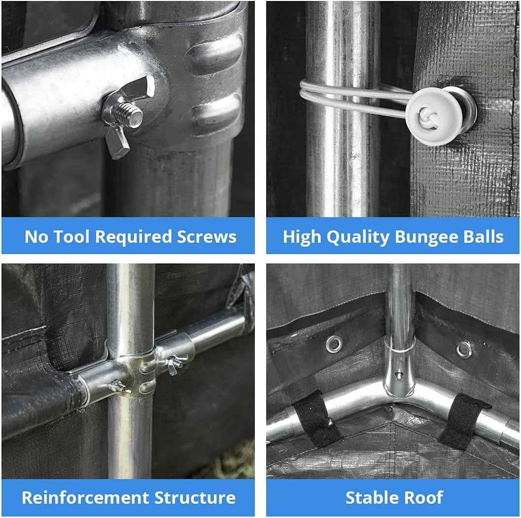 Close-up of frame connections, including no-tool screws and bungee balls