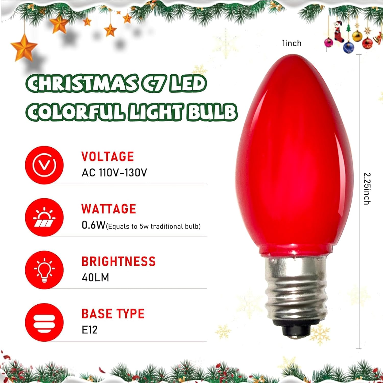25 Pack C7 LED Multi-Color Christmas Replacement Bulbs C7 Plastic Outdoor String Light Replacement LED Bulbs, C7/E12 Candelabra Base, 0.6 Watt