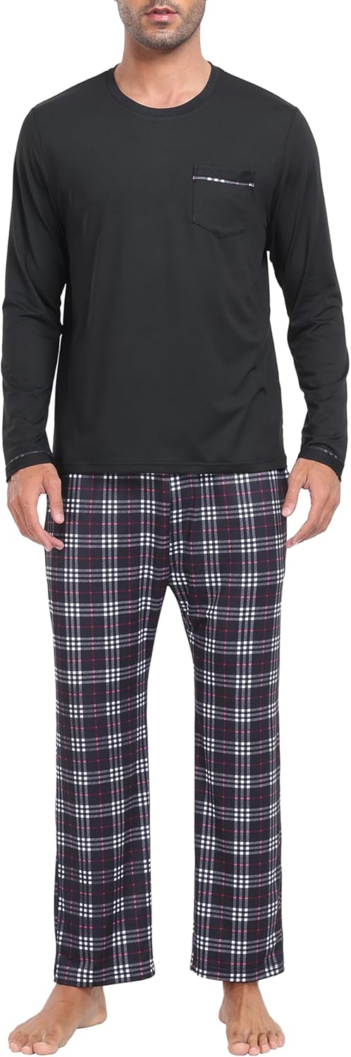 MoFiz Men's Pajamas Plaid Sets Sleepwear Sleep Long Sleeve Shirts and Pants Pajama Set Soft Mens Pjs Lounge Set with Pockets - Image 5