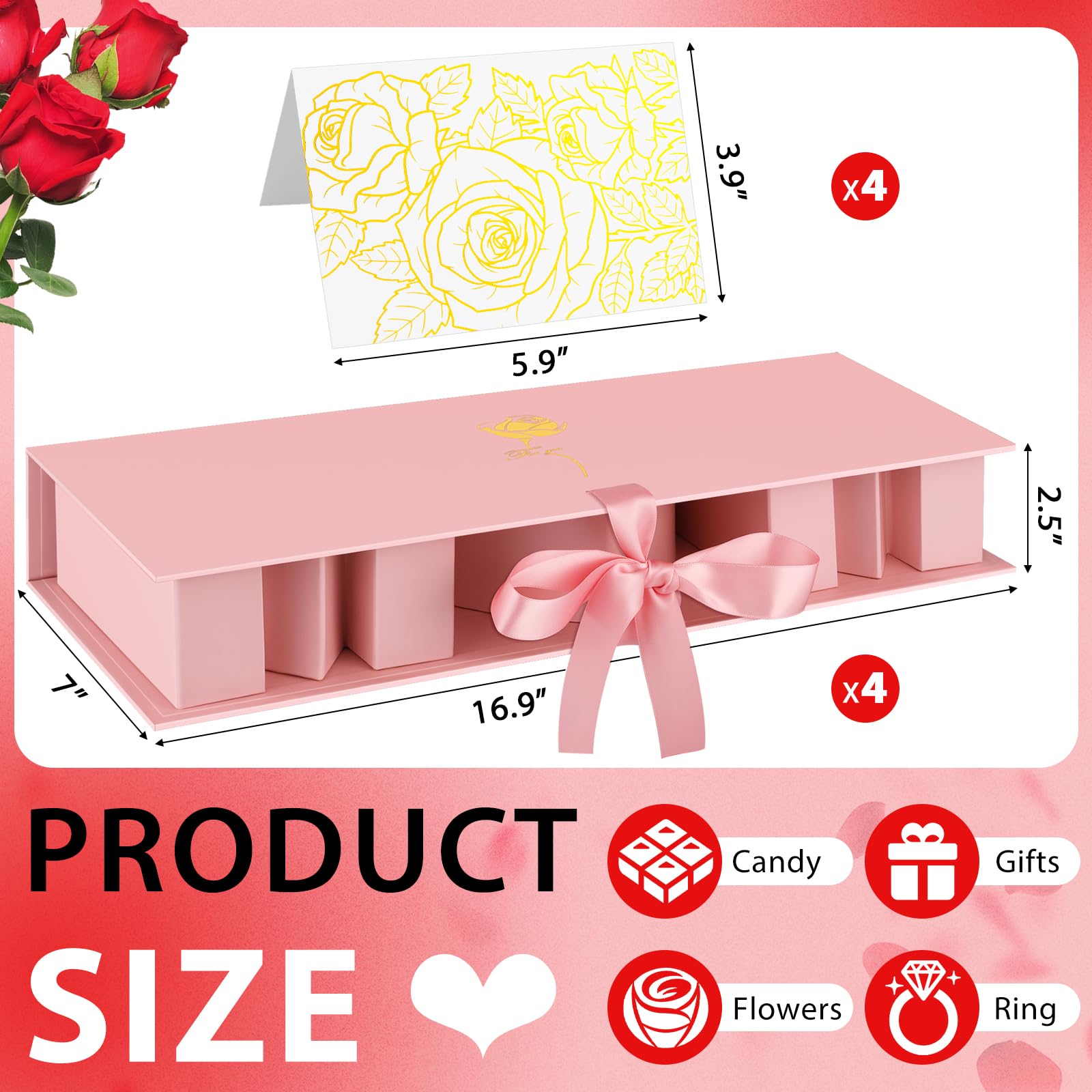 PYQTH 4 Pack Empty Flower Gift Box for Mom, Mothers Day Mom Box for Flowers Thicker Letter Shaped Gift Boxes Fillable Chocolate Candy Packaging Boxes for Mother's Day Birthday (Pink)
