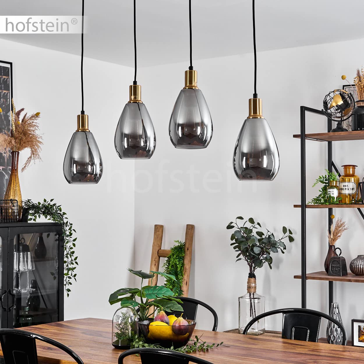 Lampa wisząca Lincura, lampa wisząca z metalu/szkła w kolorach czarnym/mosiężnym/dymnym, lampa/retro z kloszami z przydymionego szkła, 4 płomienie, wysokość maks. 119cm, E27, bez żarówek