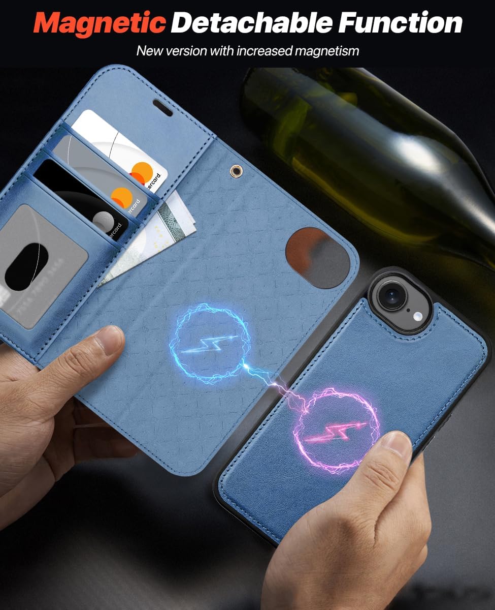 OCASE for iPhone 16e Case Detachable Wallet Case with Card Holder, 2 in 1 Pu Leather Flip Folio with RFID Blocking Stand Wrist Strap Shockproof Phone Cover 6.1 Inch 2025, Light Blue - Image 3