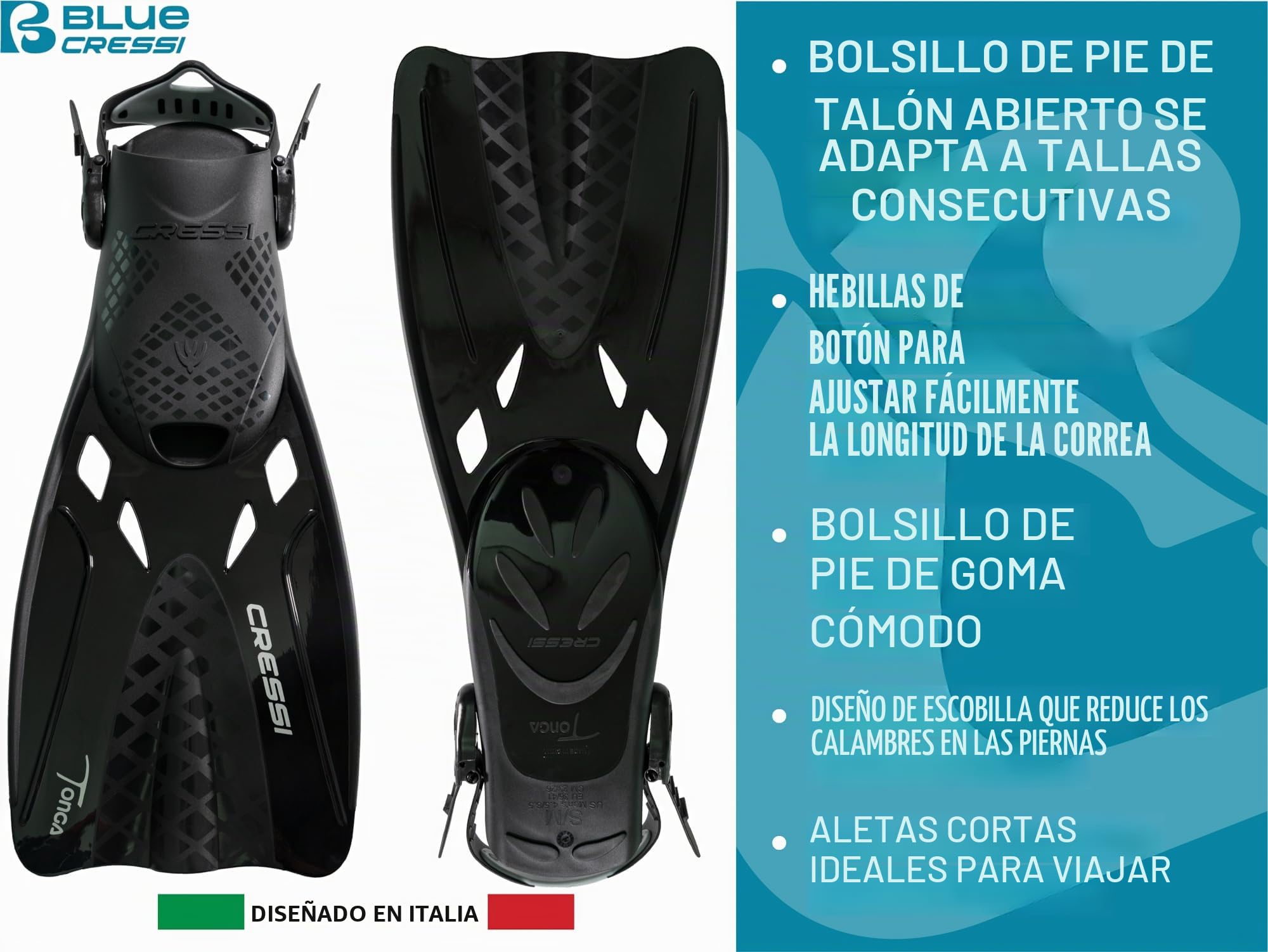 Cressi Aletas de Buceo para Adultos Ajustables con Hebillas Ultra Resistentes, Muy Ligeras, Ideales para Viajes - Tonga: diseñadas en Italia
