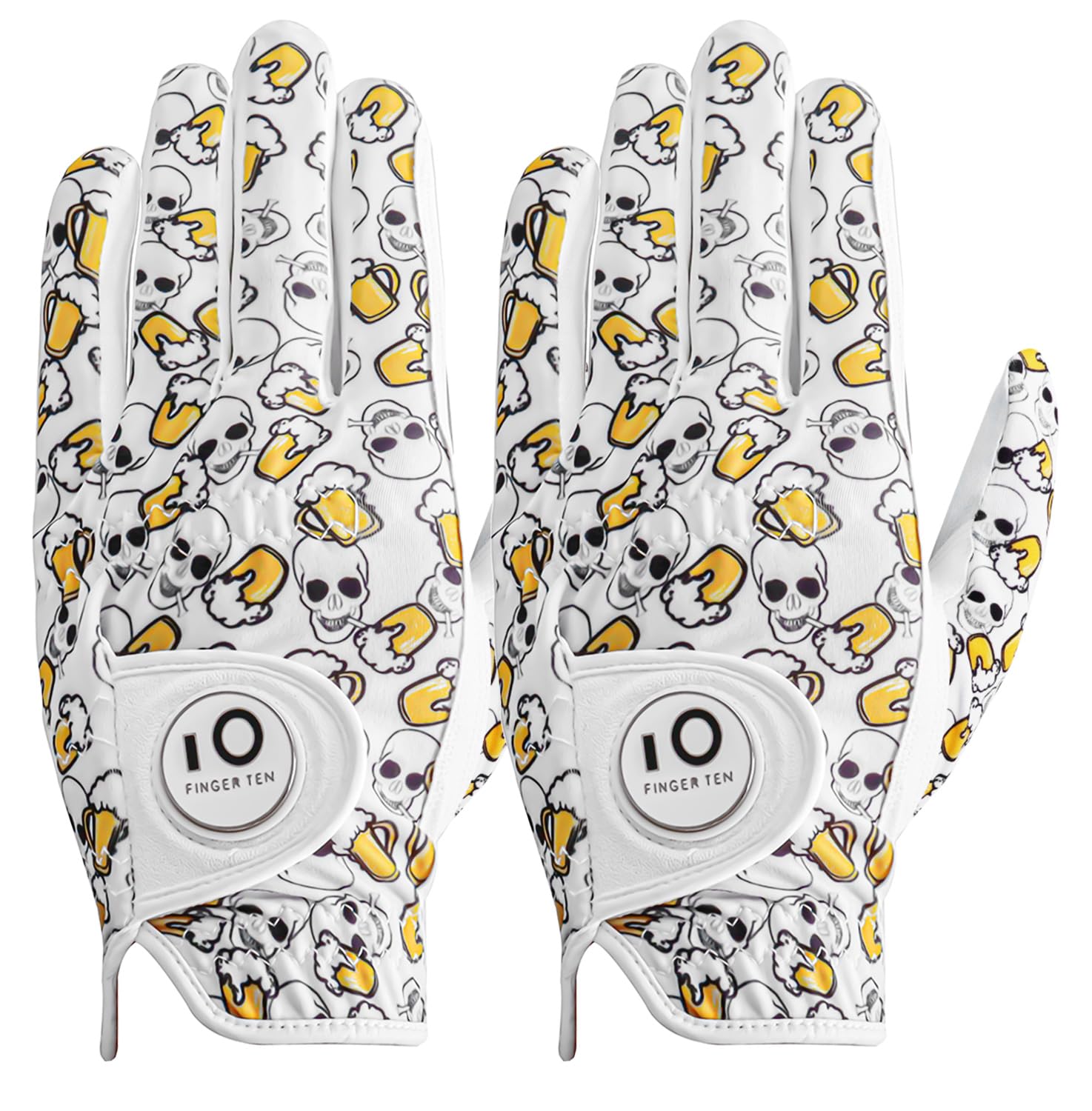 FINGER TEN Golf Gloves Men Left Hand Right Leather With Ball Marker Printed Grip 2 Pack