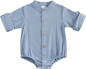 Karuedoo Newborn Baby Boy Clothes Cotton Linen Shirt Bodysuit Button Up Roll Up Long Sleeve Romper Jumpsuit One-Piece Outfit