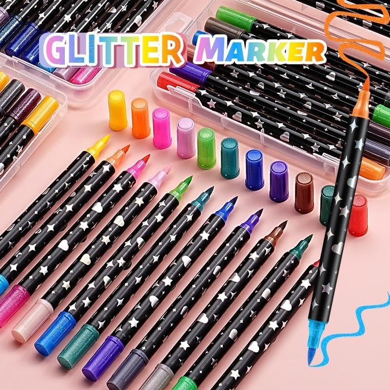 Image of Amitasha 12 Color Shades Art Marker Glitter Brush Pen Set Soft Dual Tip Water-based Shimmer Colors Sketch Pen for Kids Adults DIY Greeting Birthday Cards Scrapbook (6 Pen = 12 Colours)