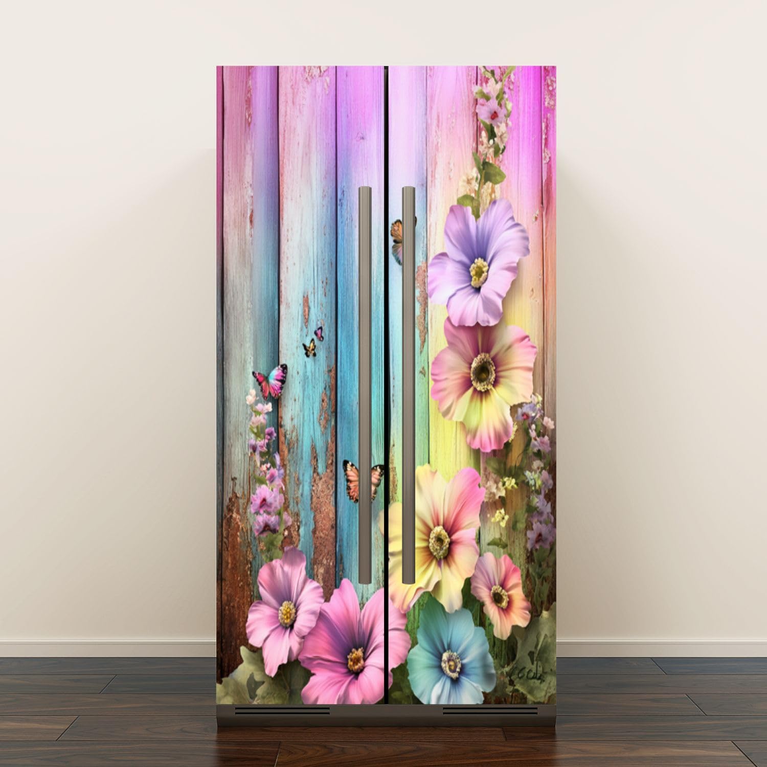 Self Adhesive Vinyl Refrigerator Wrap Set Floral Butterflies Weathered Fence Door Mural Removable Fridge Sticker Peel and Stick Decal Rustic Kitchen Decor