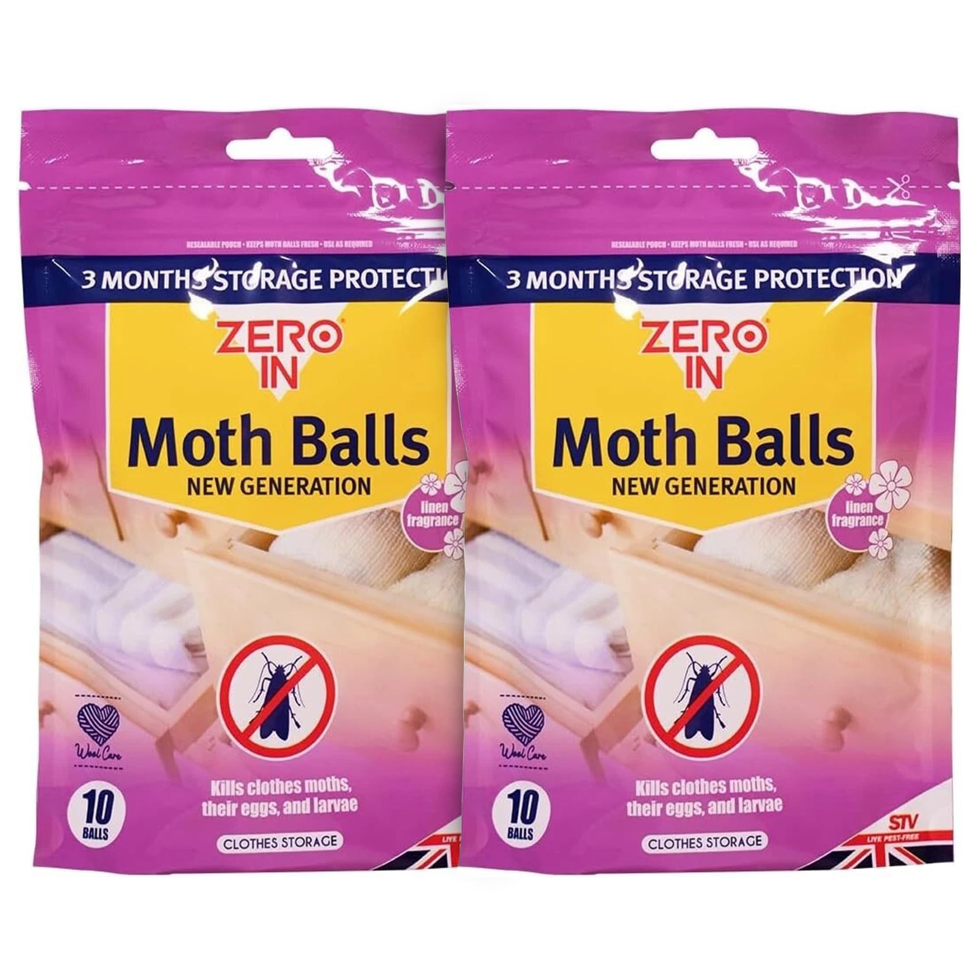 ZINNIAUK Zero In Moth Balls Pack of 2, 20 Balls New Generation Linen Fragrance Kills Clothes Moths Eggs and Larvae 3 Month Storage Protection for Wardrobes Drawers Clothing Storage Wool Care