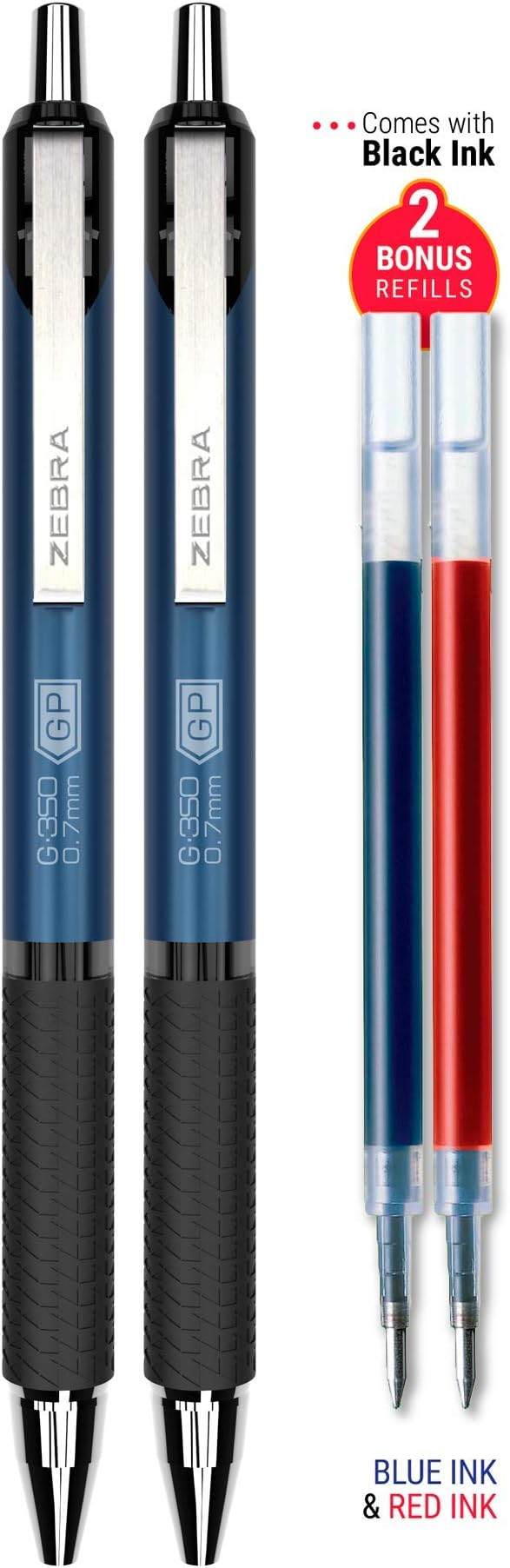 Zebra Pen G-350 Gel Pens 2-Pack, Black Ink, 0.7mm Medium Point, Cobalt Blue Premium Metal Barrel, Rapid Dry Ink, Textured Rubber Grip, Secure Metal Clip, Includes 2 Refills (40212)