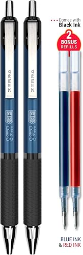Zebra Pen G-350 Bolígrafo de gel retráctil, barril de metal de alta calidad azul cobalto, punta media, 0.028 in, tinta negra, paquete de 2 recambios