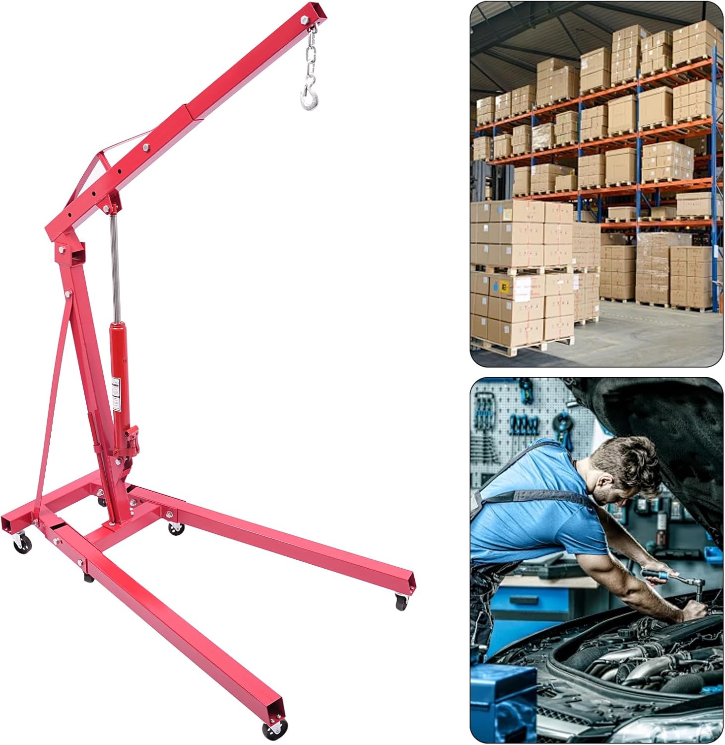 2 Ton Folding Hydraulic Engine Hoist, 4400 lbs Folding Engine Shop Crane Hoist Lift with Wheels, Heavy Duty Steel Engine Lift for Garage, Auto Repair, Workshop, Truck SUV Handling