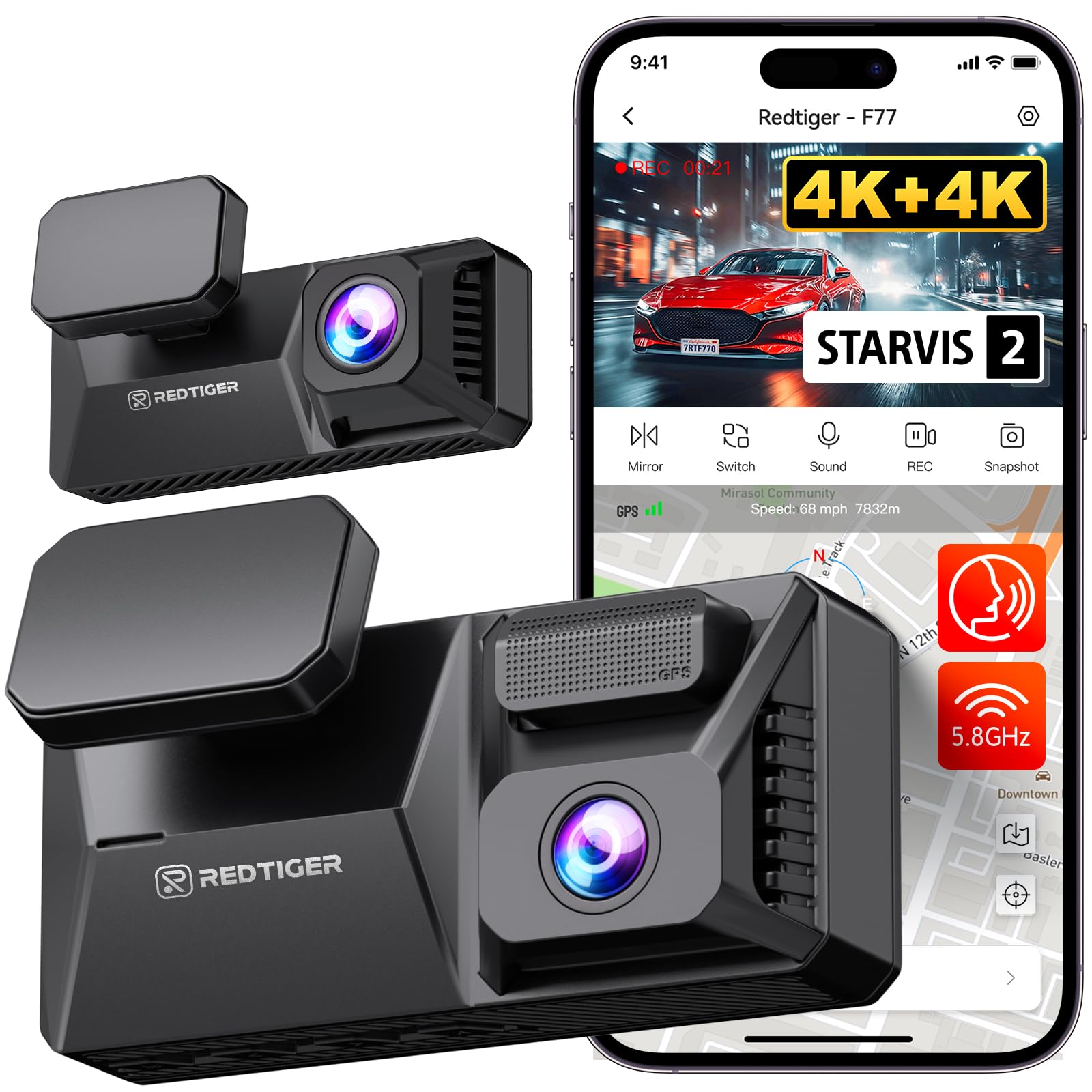REDTIGER 4K+4K Dash Cam Front and Rear, Dual STARVIS 2 IMX678 Sensor, 5.8GHz WiFi APP Control Car Camera with Built-in 128GB, Voice Control, 4'' Touch...