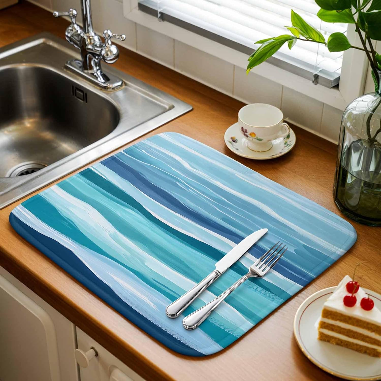 2 Pack Dish Drying Mats,Summer Navy Blue Water Ripple Super Absorbent Microfiber Dishes Drainer Mat Watercolor Gradient Ombre Reversible Drying Rack Pads for Kitchen Counter Sink