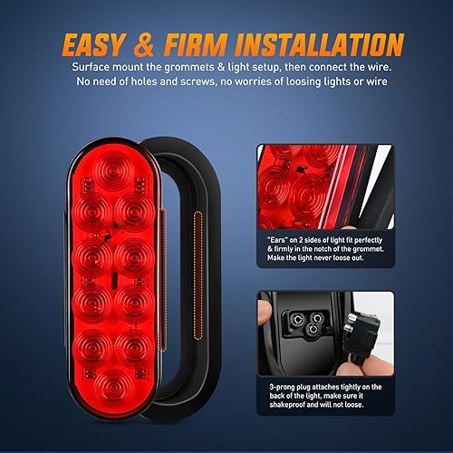 Miniatura 4 de Nilight Kit de luces para portador de carga de enganche, 2 luces LED ovaladas rojas de 6 pulgadas con ojales de montaje empotrado, arnés de cable,